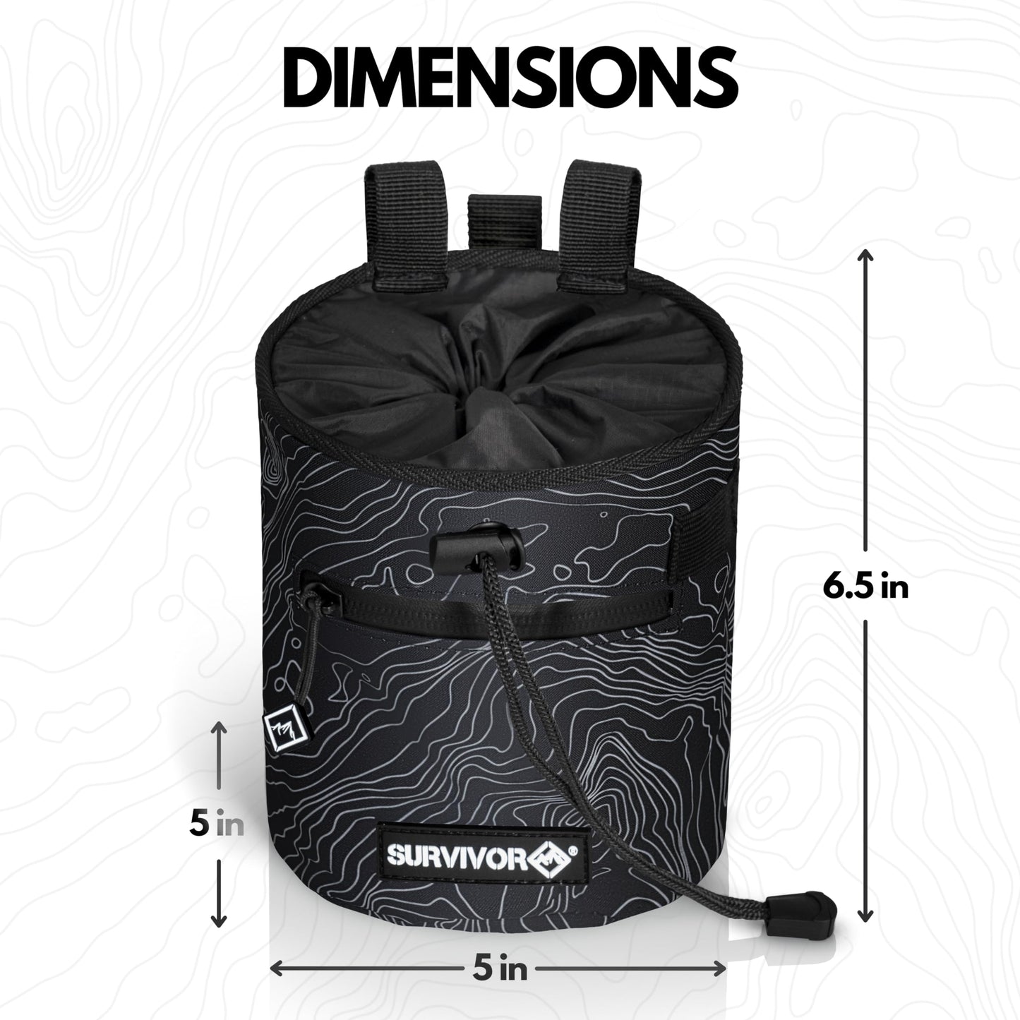 SURVIVOR Chalk Bag + Chalk Ball + Liquid Grip - Iconic Topographical Map, Draw String Closure, 2 Zippered Pockets, & Brush Holder - Bag for Rock Climbing, Bouldering, Weightlifting, Gymnastics & More
