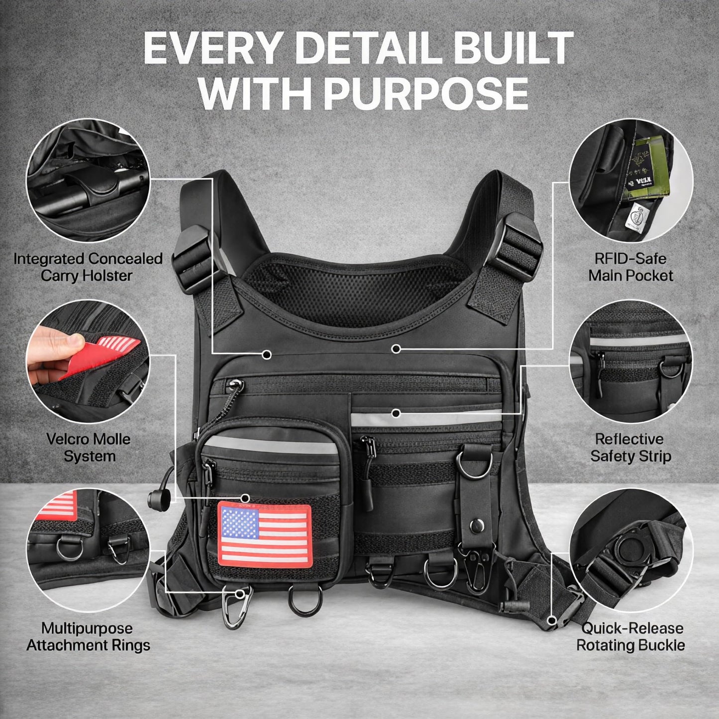 Tekunari Running Chest Pack for Men & Women with Gun Holster, Tactical Chest Rig & Running Bag, Concealed Carry Chest Bag & Chest Pack, RFID Blocking EDC for Hiking & Outdoor Sports
