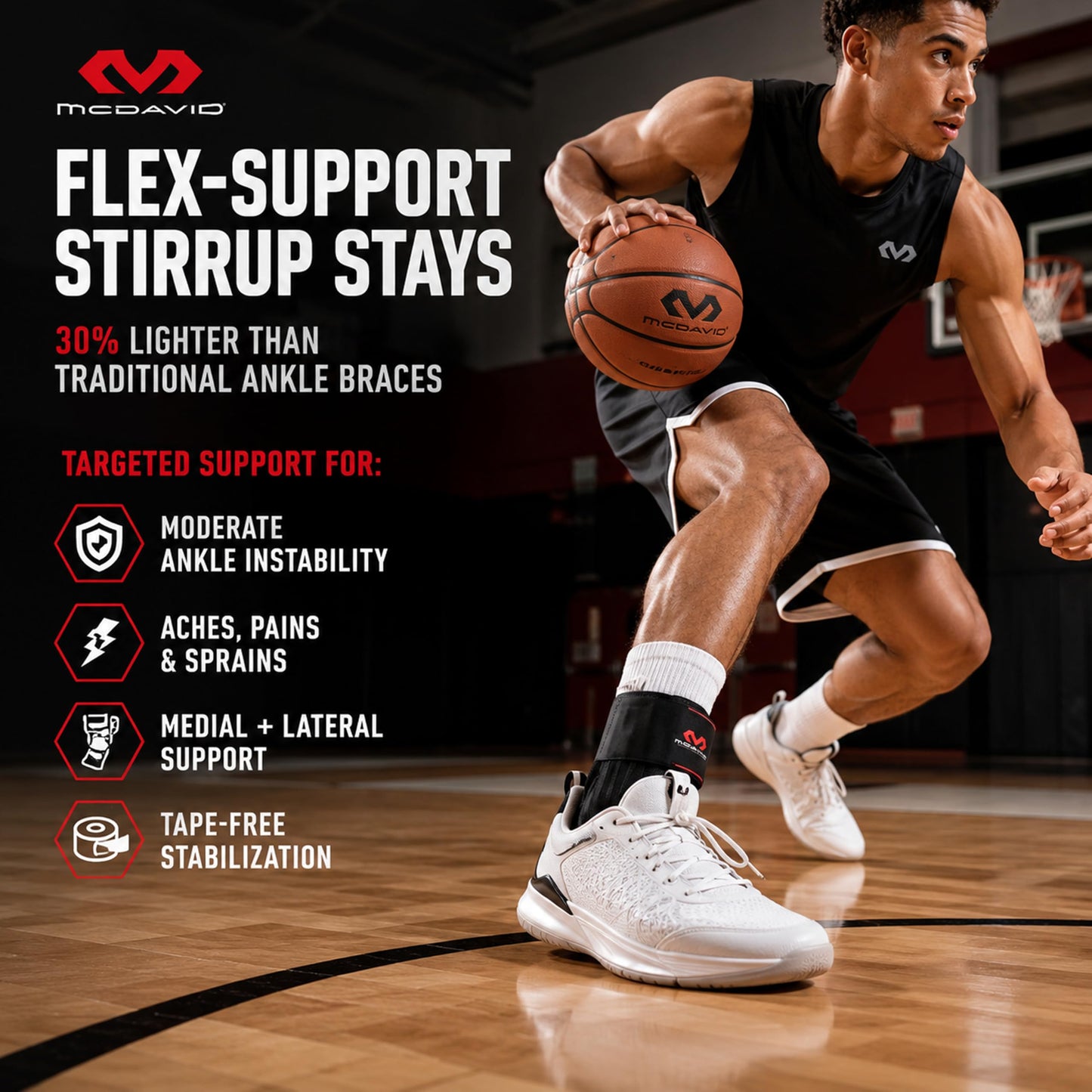 McDavid Ankle Brace, Low Profile Lace-Free Phantom Ankle Braces for Men Basketball and more. Lightweight Design, Advanced Strapping & Flex-Support