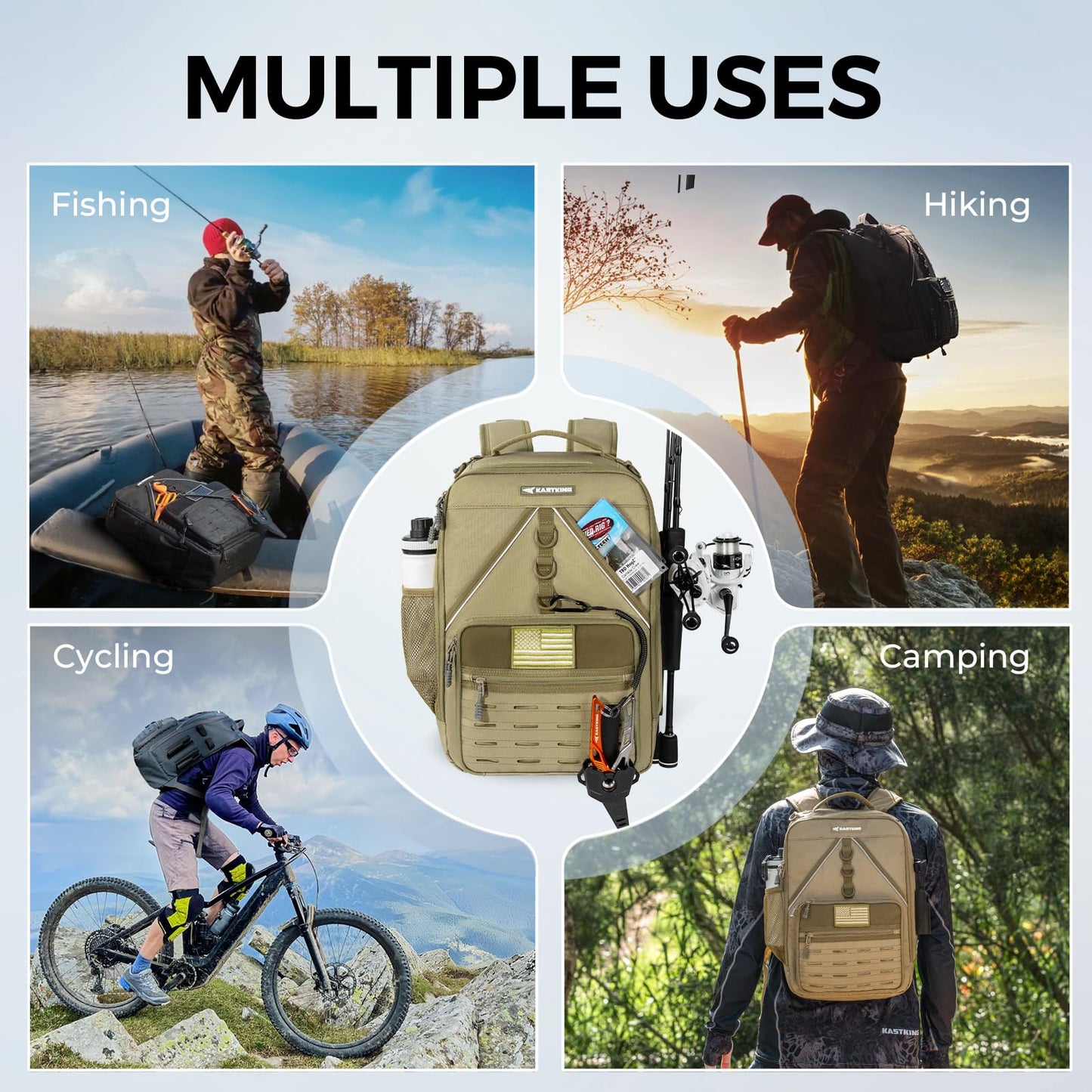 KastKing KarryAll KastMate Fishing Tackle Backpack,Water-Resistant Tackle Bag With 2 Rod Holders,Fishing Gear and Equipment With Large Gear Storage,Khaki