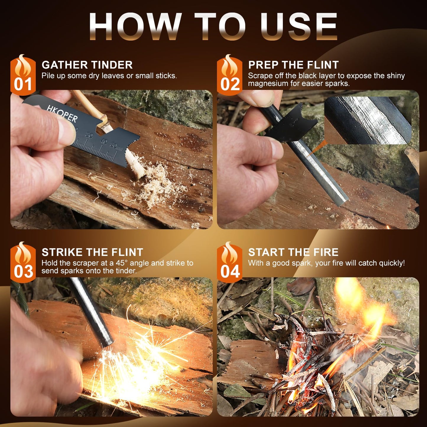 Hkoper Ferro Rod Fire Starter with Striker, Flint and Steel Fire Starter, 6" x 3/8" Survival Tool, 15,000+ Strikes, Large Sparks in Any Weather, Camping Hiking Bushcraft Gear