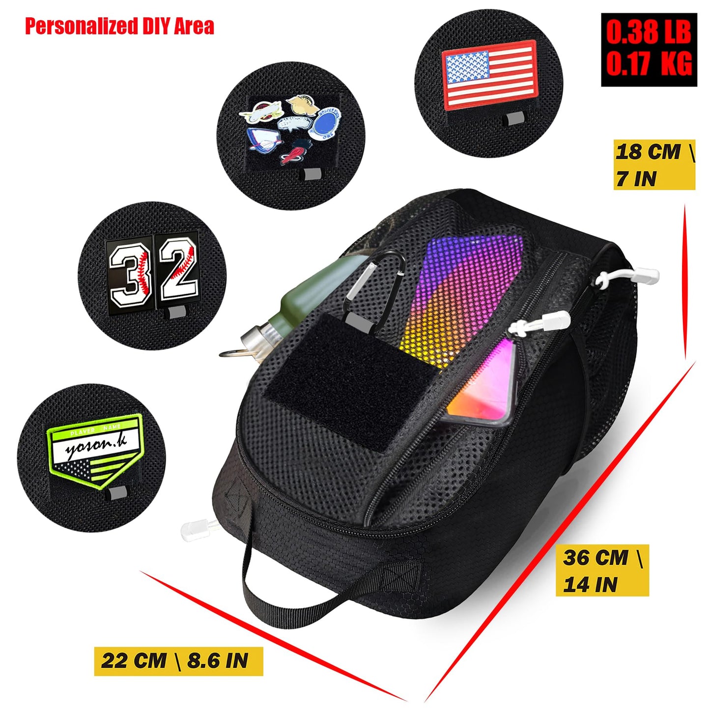 yoson.k Sports Soccer Shoe Gloves Carring Zipped Bag with Patches (1, Black)