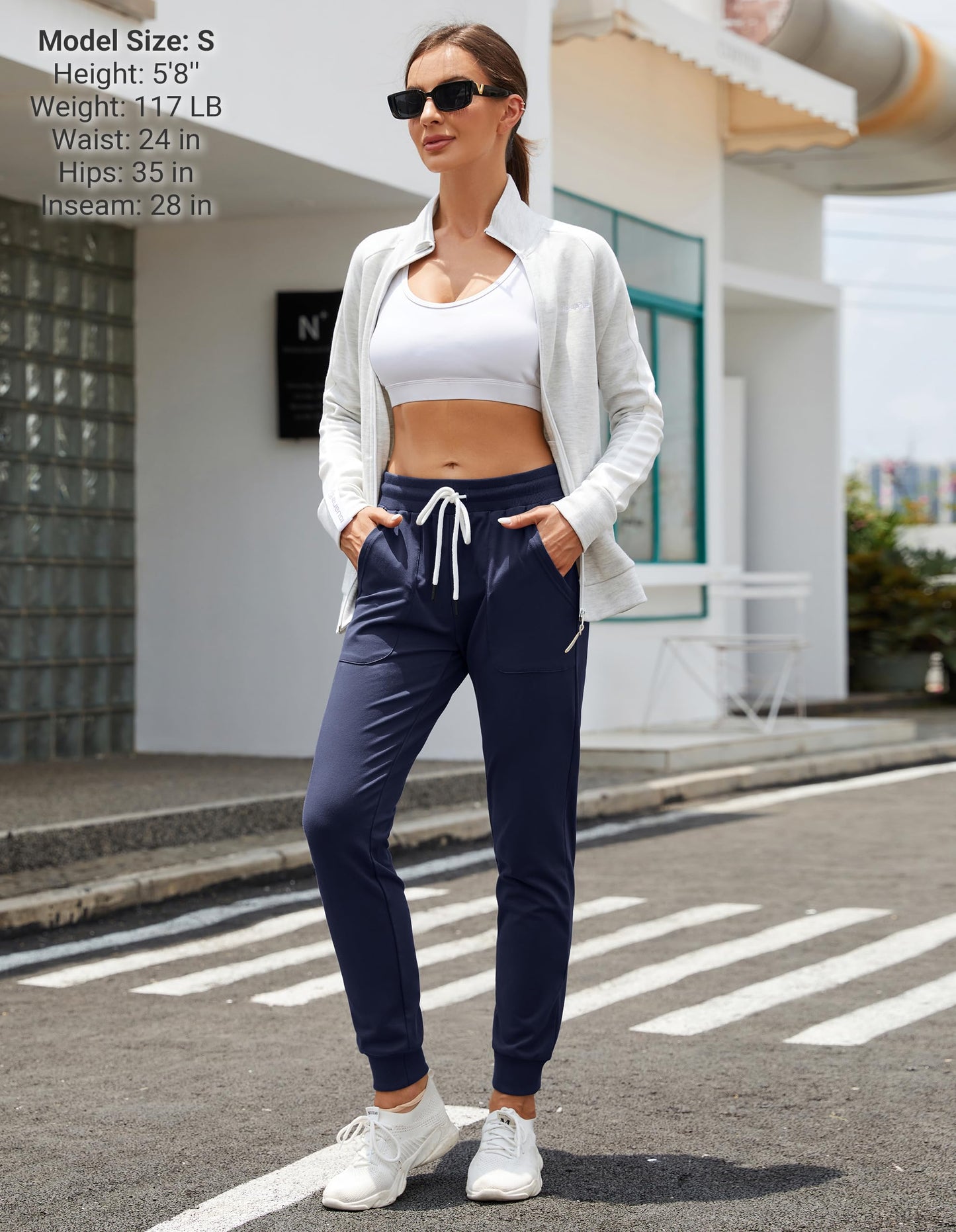 SPECIALMAGIC Women's Tapered Sweatpants with Pockets Athletic Cotton Joggers Drawstring Casual Sweat Pants for Female Long Navy L