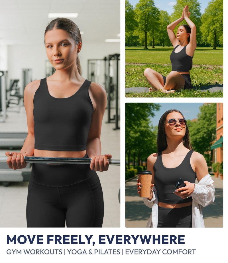 Nirlon U Tank Sports Bra for Women – Scoop Neck Workout Top with Built-in Cups – Ideal for Yoga, Gym & All-Day Comfort Wear (Black, 8)
