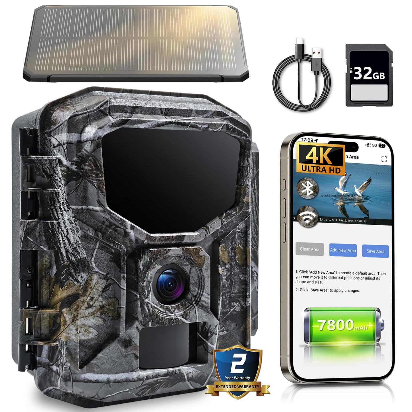 Fargarloo Trail Camera Solar Powered - 2K 60MP WiFi Game Camera, 0.1s Trigger, 7800mAh Forever Power, 65FT Detection, Low Glow Night Vision, IP66 Waterproof, 32GB Included for Wildlife Monitoring