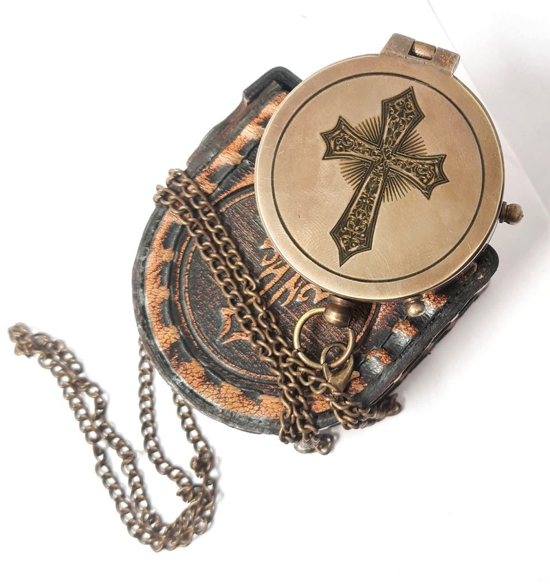 Brass Nautical - Engraved Brass Compass with Leather Case, Religious Scripture, Removable Chain - Confirmation, Graduation, Baptism Gift | Antique Décor Accent