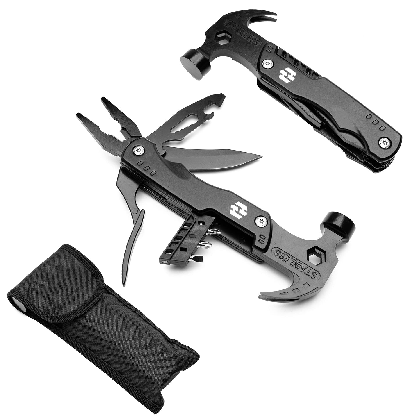 Camping Hammer Multitool, Survival Gear - 12 In 1 Stainless Steel, Portable, Safety Locking Camping Accessories with Durable Sheath - Compact Multi Tool For Outdoor by Hayvenhurst