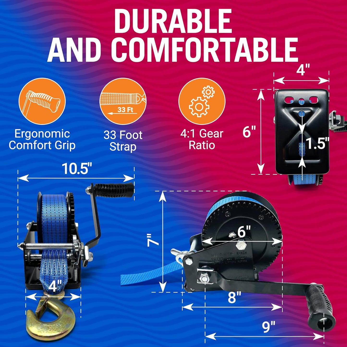 Boat Trailer Winch - Heavy Duty Manual Hand Crank with Strap & Hook | One-Speed Ratchet Gear for Towing Trailers & Boats