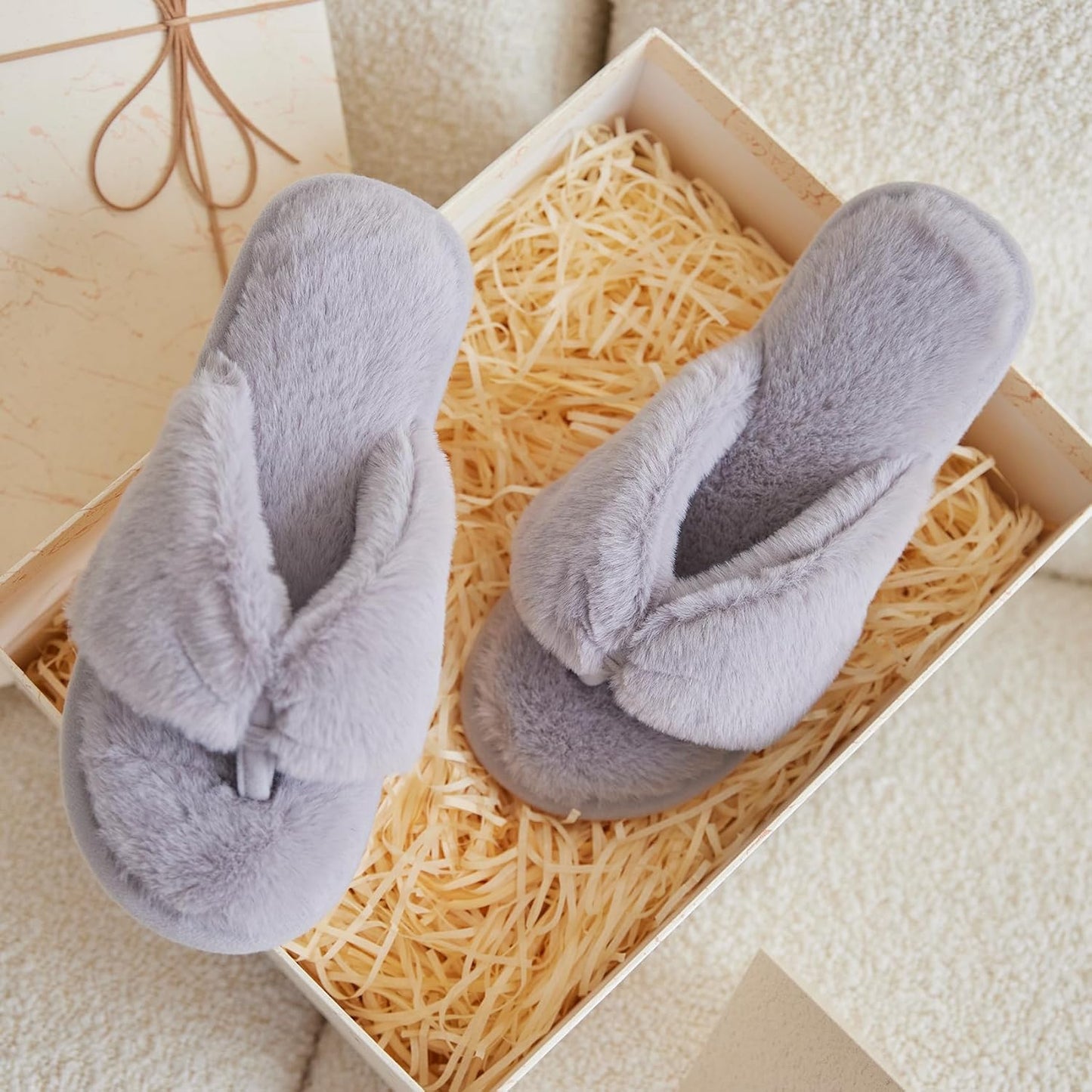 Fluffy House Slippers for Women - Open Toe Memory Foam Flip Flops | Soft Indoor Outdoor Slides