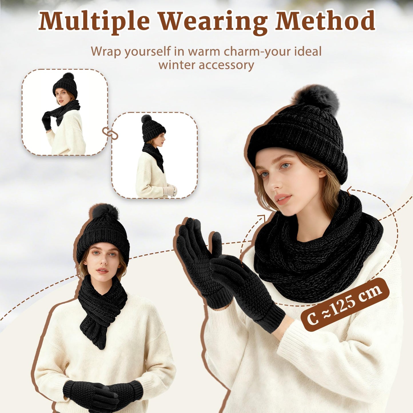 Yeendibo Winter Hat Scarf Gloves Set for Women, Warm Knit Beanie,Touch Screen Gloves and Soft Neck Warmer, 3-Piece Acrylic Knit Winter Bundle(Black)