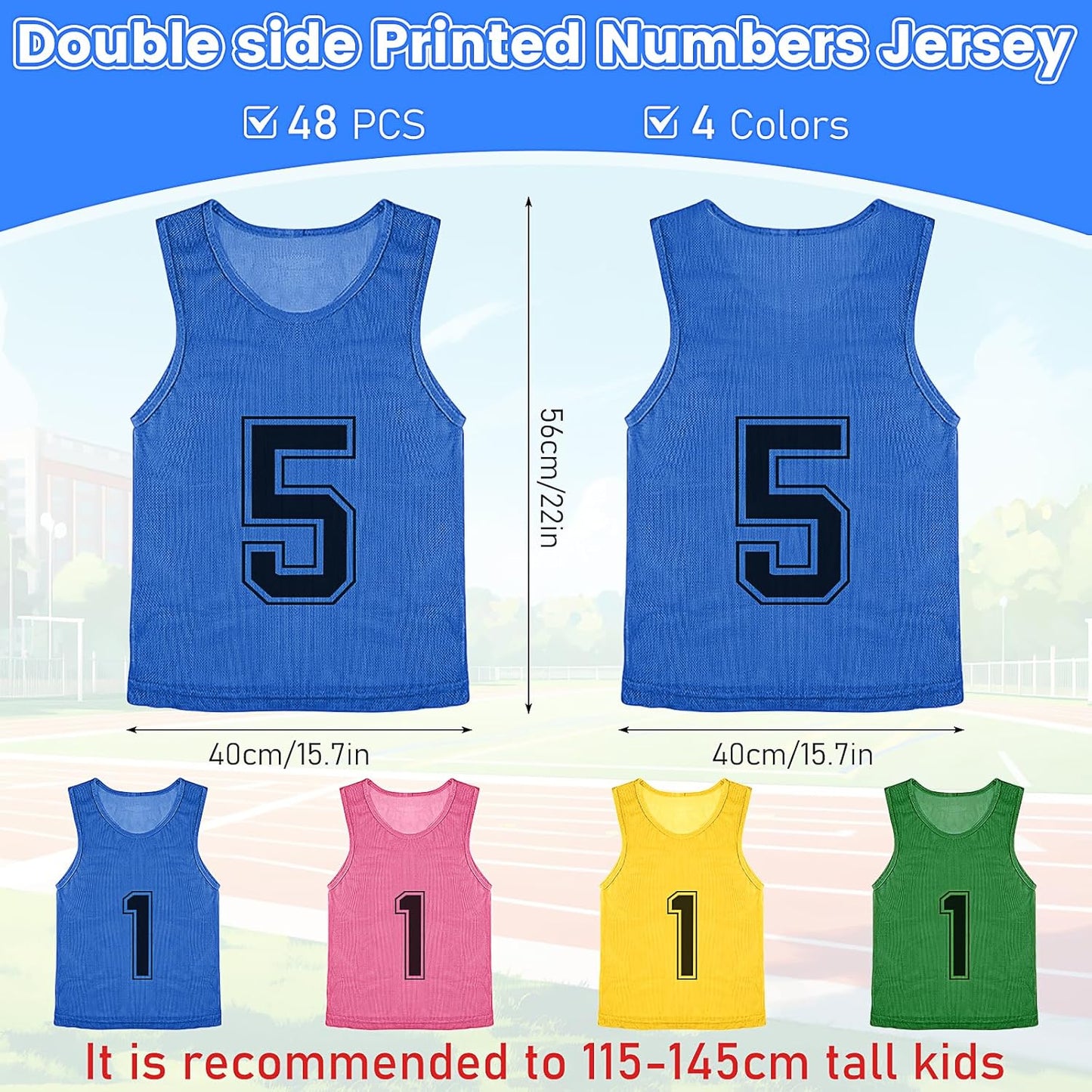 M-Aimee Youth Pinnies - 48 Pcs Mesh Basketball Practice Jerseys | Numbered Soccer Scrimmage Vests in Green, Yellow, Pink, Blue