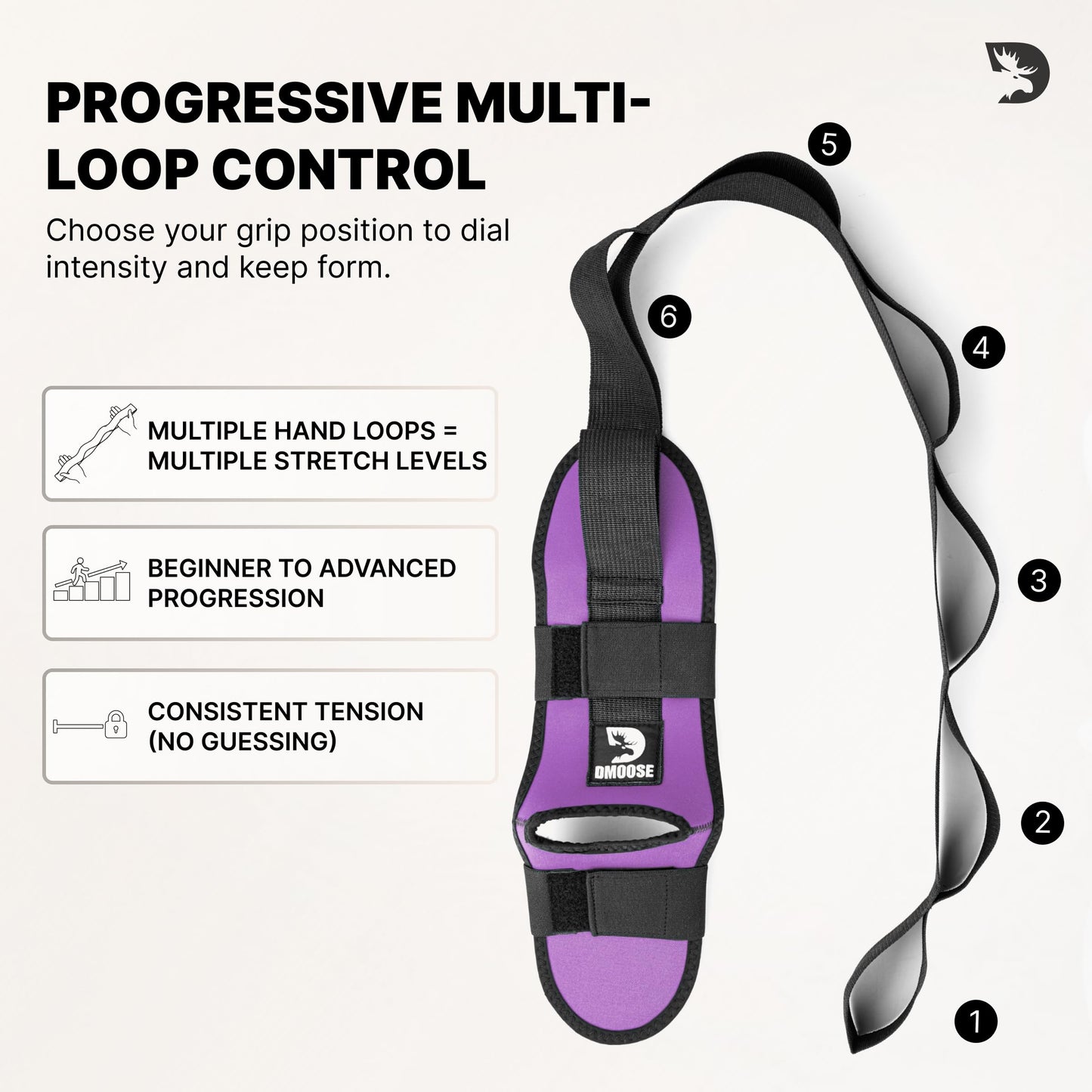 DMoose Fitness Foot & Calf Stretcher with Adjustable Padded Stretching Strap for Plantar Fasciitis, Hamstring, Heel Spurs and Achilles Tendonitis Relief - Yoga Leg Stretch Strap (Purple)