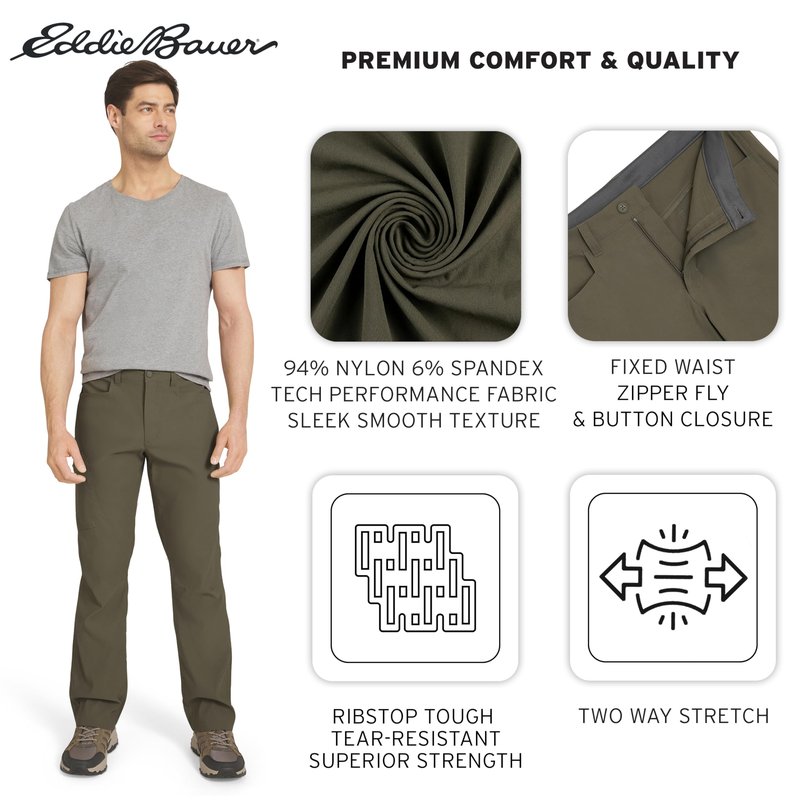 Eddie Bauer Men's Athletic Fit Fixed Waist Active Performance Rainier Pants, Slate Green Rainier, 32W x 32L
