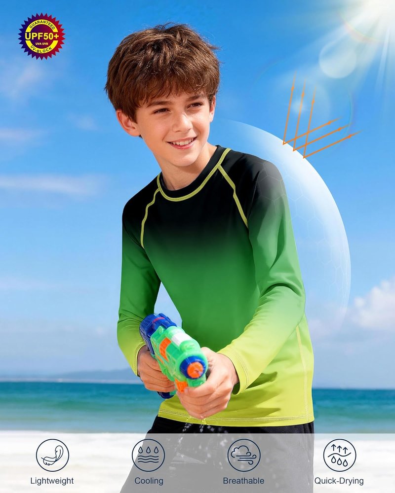Boys UPF 50+ Swim Shirt - Long Sleeve UV Sun Protection Rash Guard | Youth SPF Water Shirt for Beach & Surf
