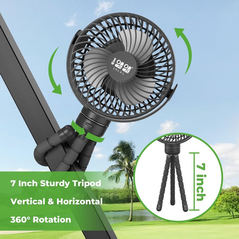 10L0L Universal Golf Cart Fan Fits Yamaha/EZGO/Club Car, Octopus Shape 360°Degree Rotational Fan, 3 Speed Adjustment, Support for Reverse Charging and Emergency Lighting-Black