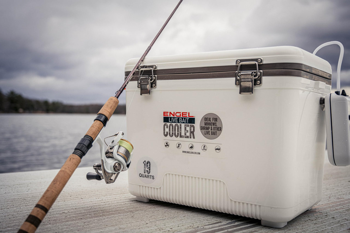 Engel 19qt Live Bait Cooler Box with 2nd Gen 2-Speed Aerator Pump - Portable Fishing Station & Minnow Bucket for Shrimp & Other Live Fish with Aerator - ENGLBC19-N-G in White