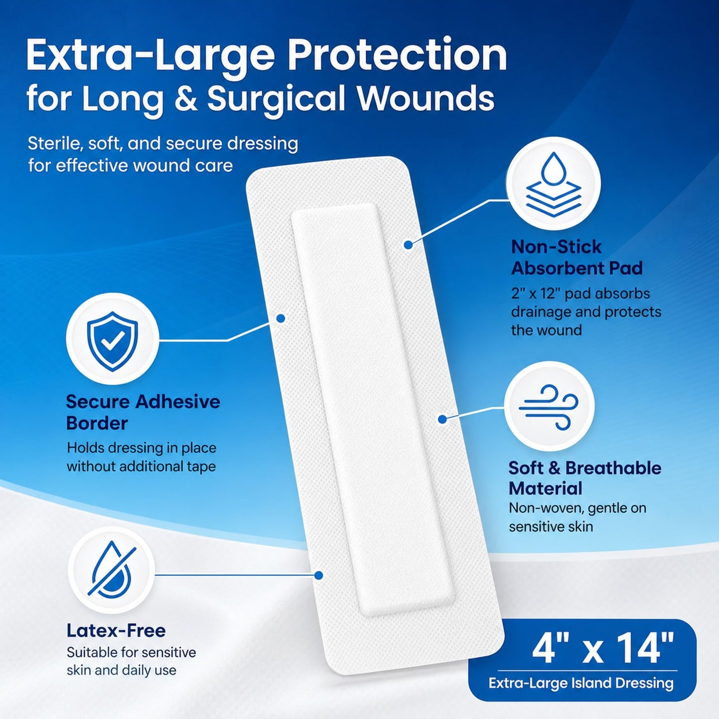 AllaQuix Island Wound Dressing for Long Incisions, Extra Large Wound Dressing with Adhesive Border, Surgical Gauze Pads, 4x14 Inch, 25 Count