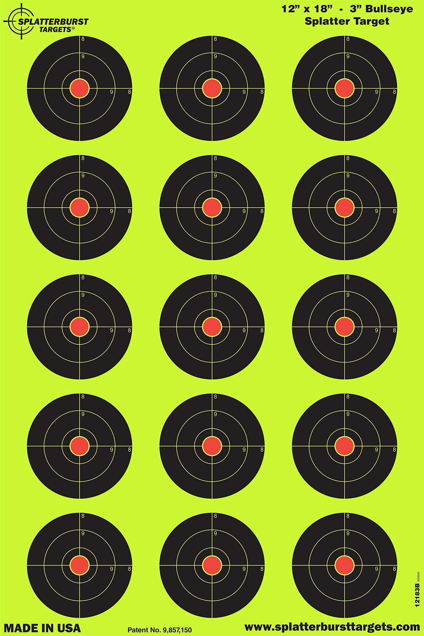 Splatterburst Targets - 12 x18 inch - 3 inch Bullseye Splatter Target - Easily See Your Shots Burst Bright Fluorescent Yellow Upon Impact - Made in the USA (10 Pack)