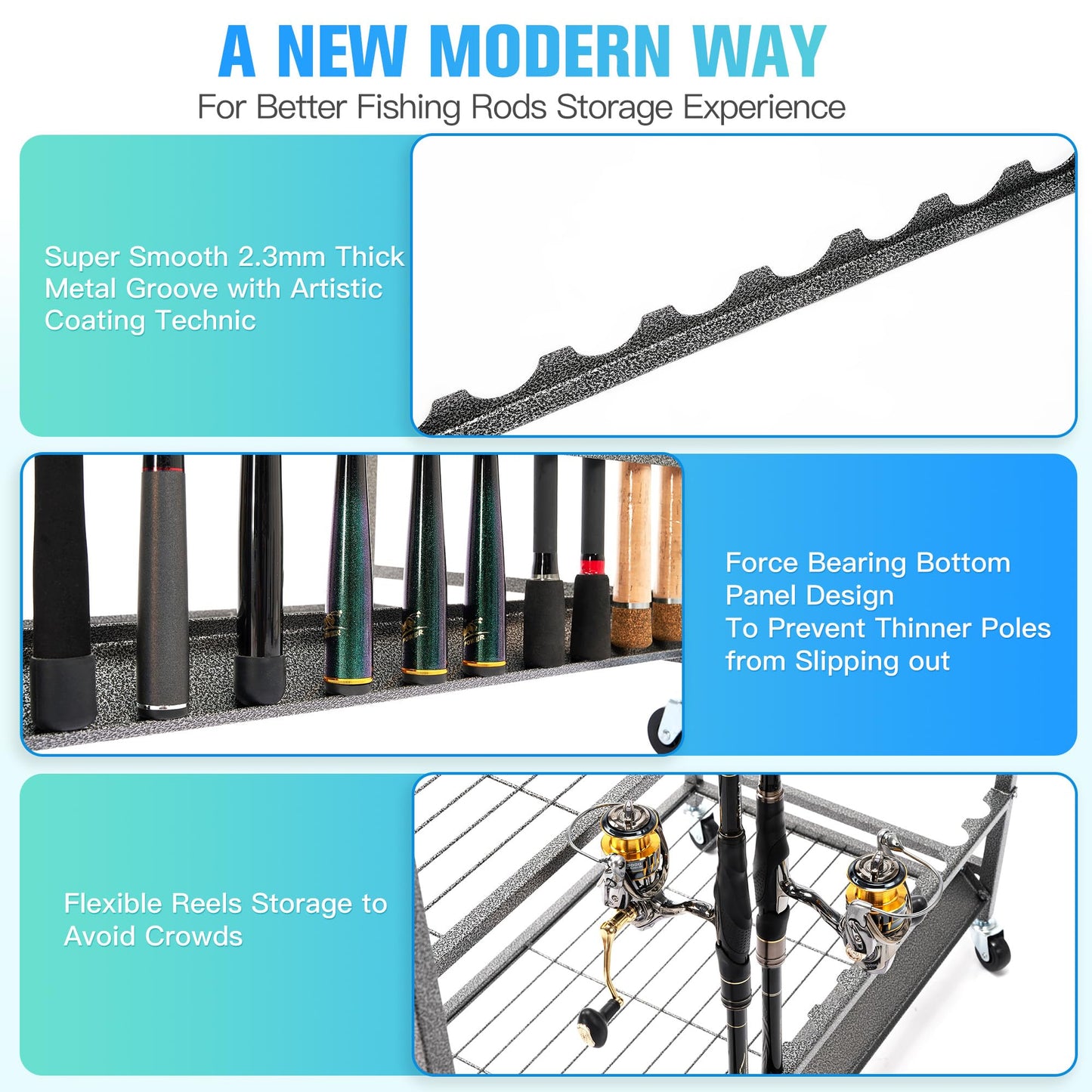 PeBro Fishing Pole Holders, Fishing Rod Holders for Garage, Fishing Rod Holder for Fishing Rod Tackle Box Reel Storage, All-In-One Fishing Rod Rack with Hooks and Wheels