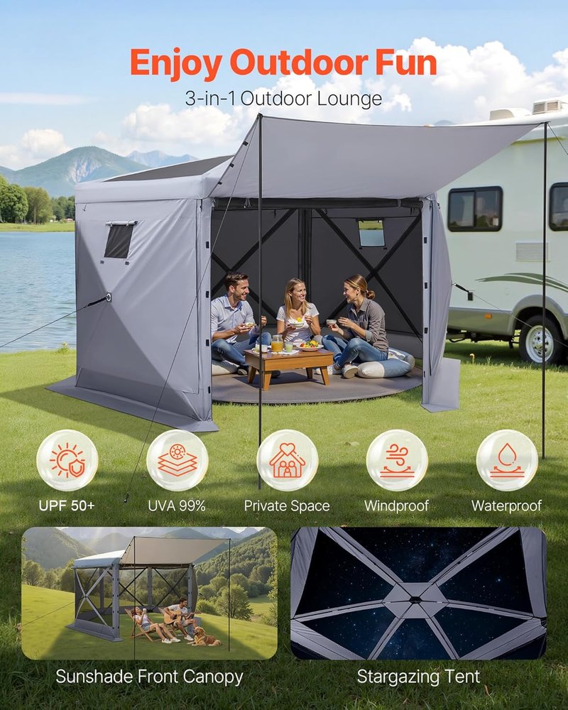 Pop Up Gazebo Screen Tent - 12x12 ft Large 6-Sided Canopy with Removable Top | Quick-Set, Bite-Proof Sun Shelter for 8-10 Persons, Grey