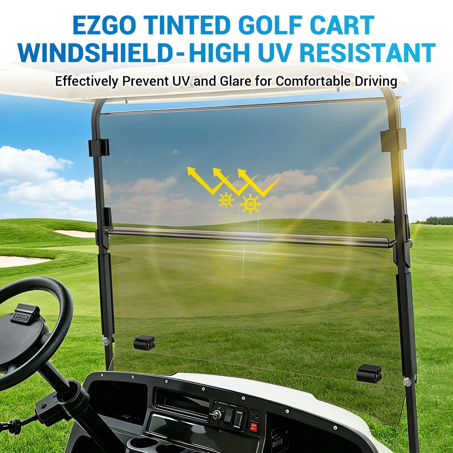 CartClan EZGO Golf Cart Windshield, Foldable EZGO Tinted Windshield for 1995-2013 EZGO TXT, PDS, DCS Golf Carts, UV and Impact Resistant, PC Golf Cart Windshield with Clips