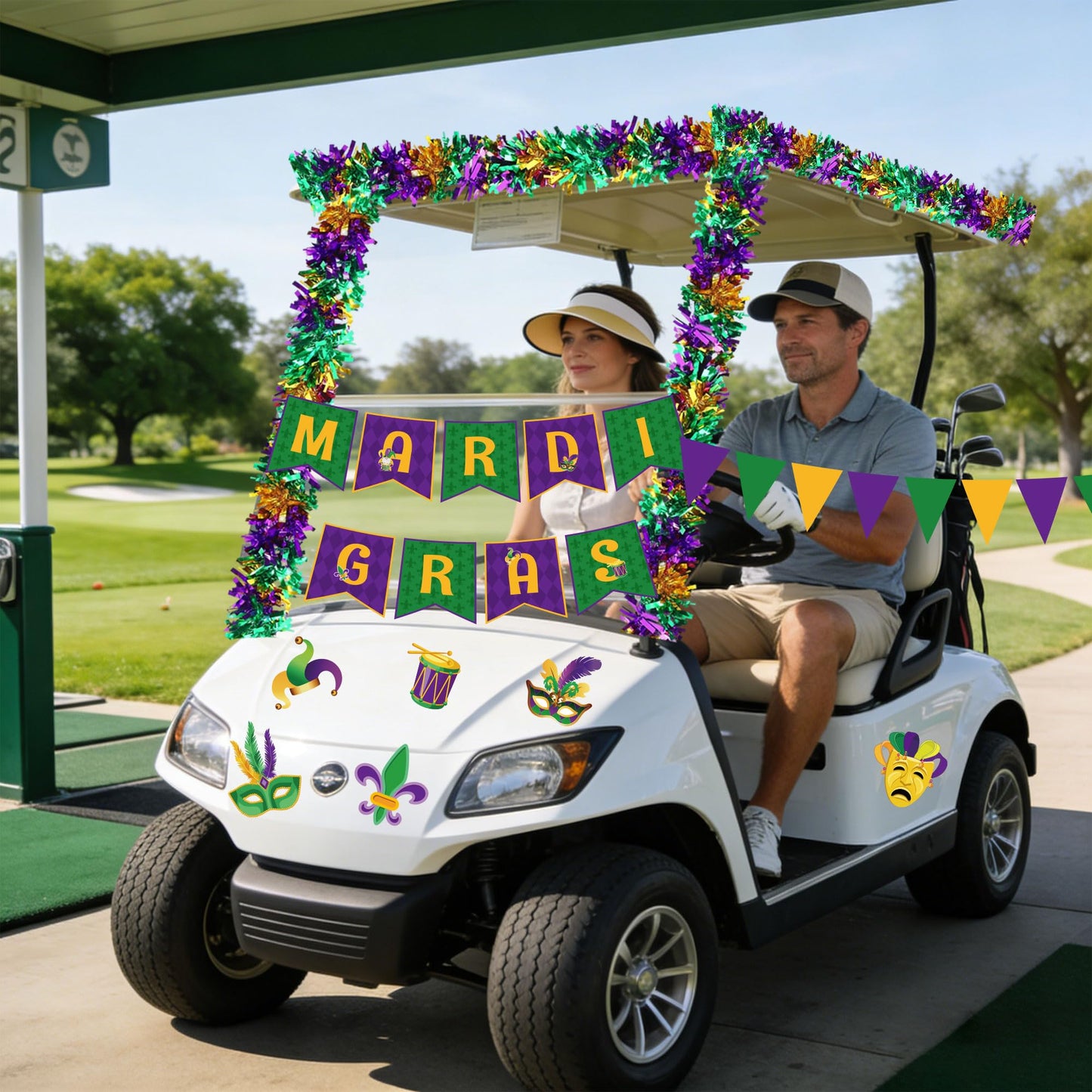 Pezutoi Mardi Gras Golf Cart Decorations Purple Green Gold Decor with Banner Tinsel Flags Garlands Cutouts