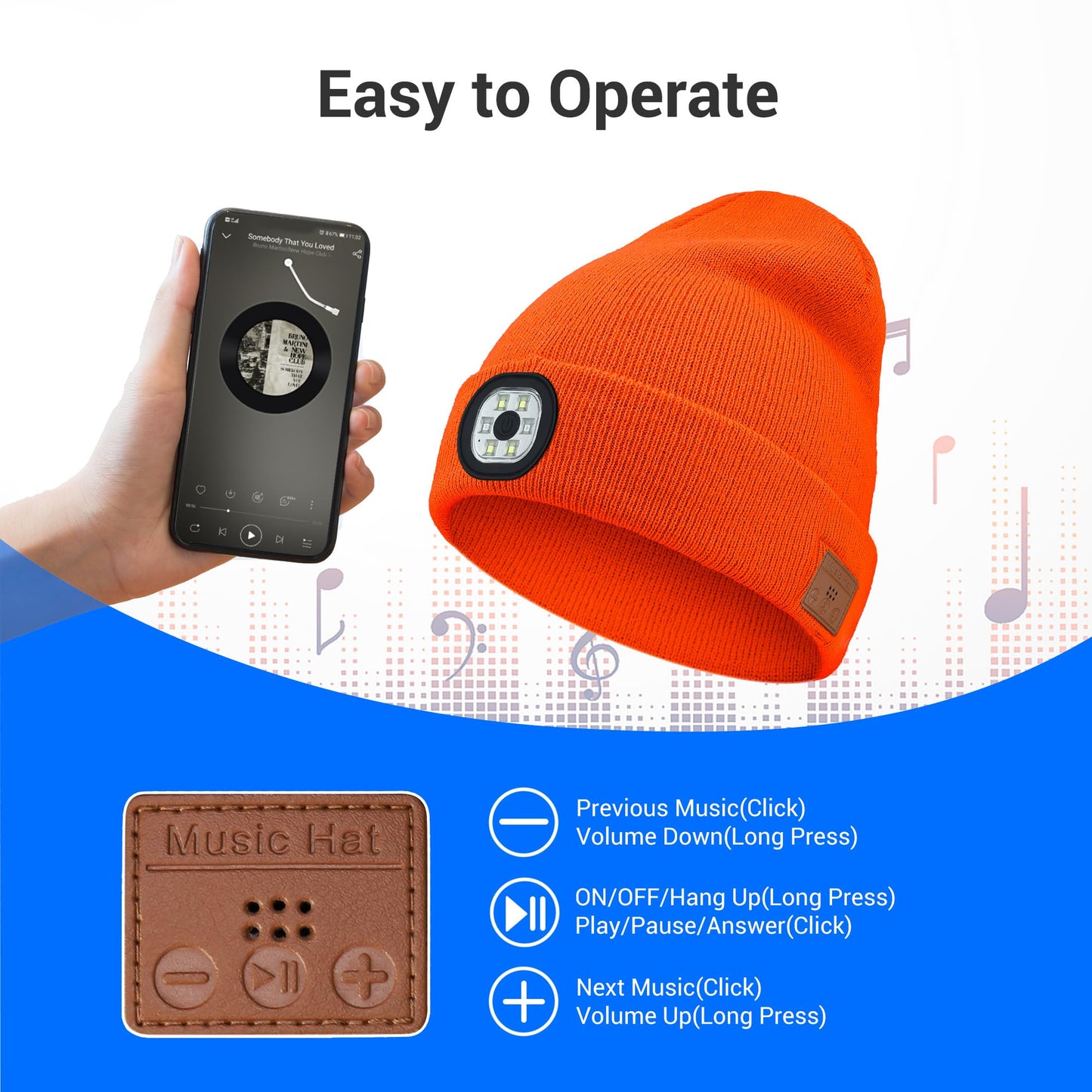 Yontune Bluetooth Hat with Light, Unisex USB Rechargeable 6 LED Headlamp Beanie Cap with Headphones Winter Lighted Beanie for Outdoor Sports Orange