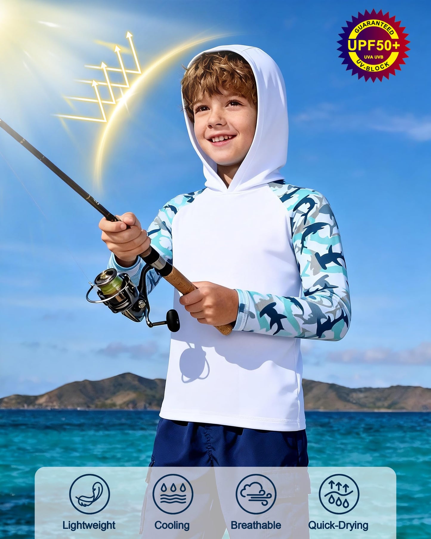 DRONIRING Boys Rash Guard Swim Hoodie, UPF 50+ UV Sun Protection Long Sleeve Fishing Shirt, Kids Youth SPF Water Shirts