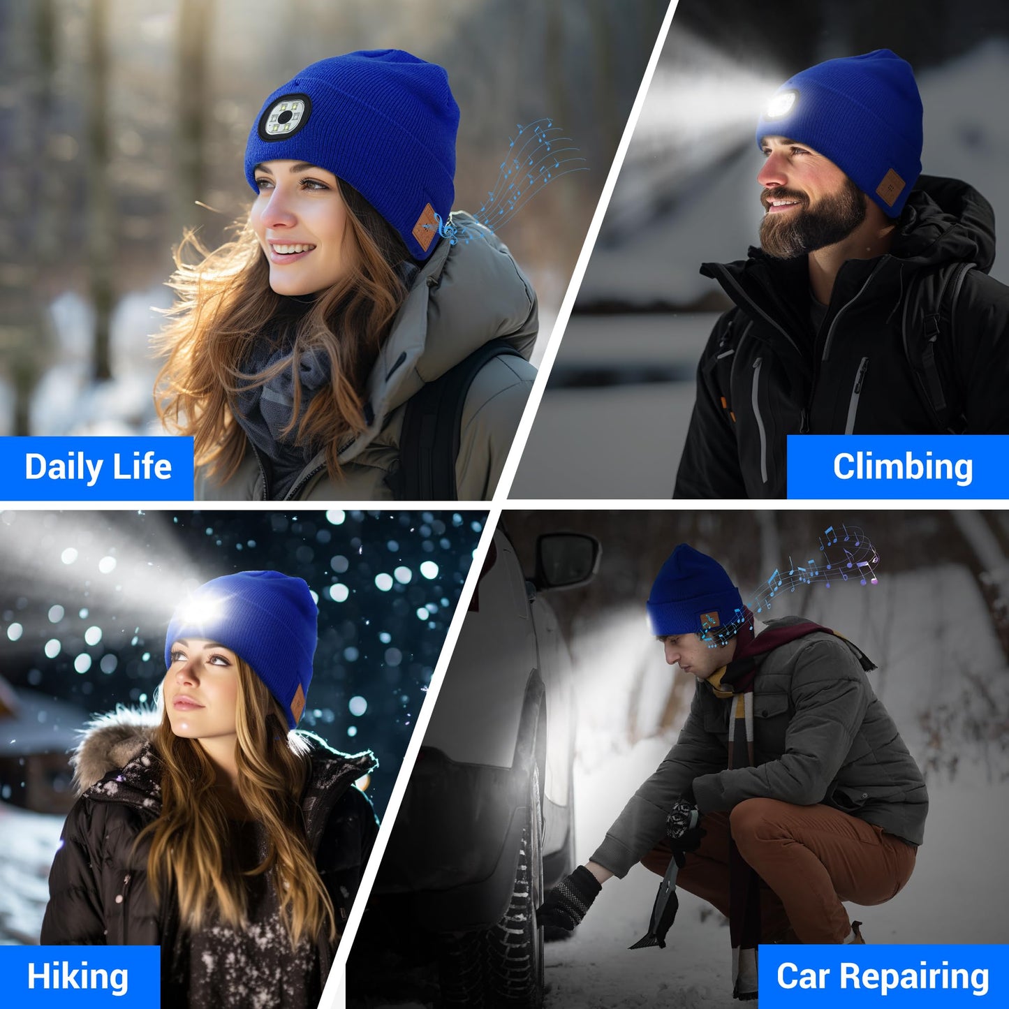 Yontune Bluetooth Hat with Light, Unisex USB Rechargeable 6 LED Headlamp Beanie Cap with Headphones Black Winter Lighted Beanie for Outdoor Sports