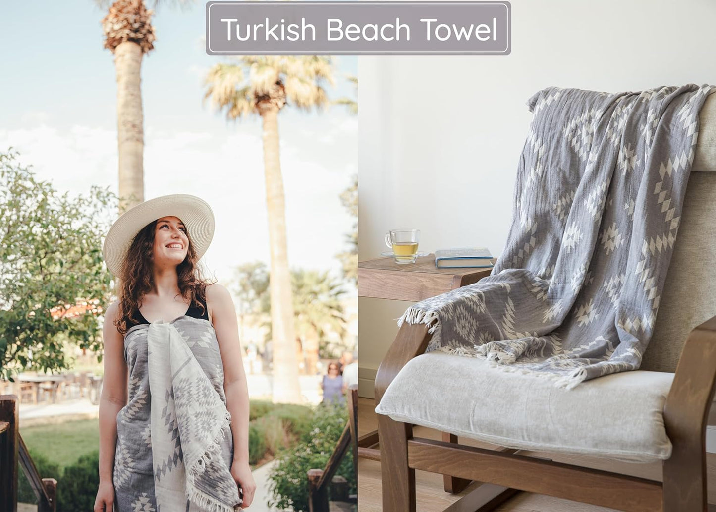 Turkish Beach Towel - Lightweight Quick Dry 100% Cotton | Vintage Dark Grey 35"x67"