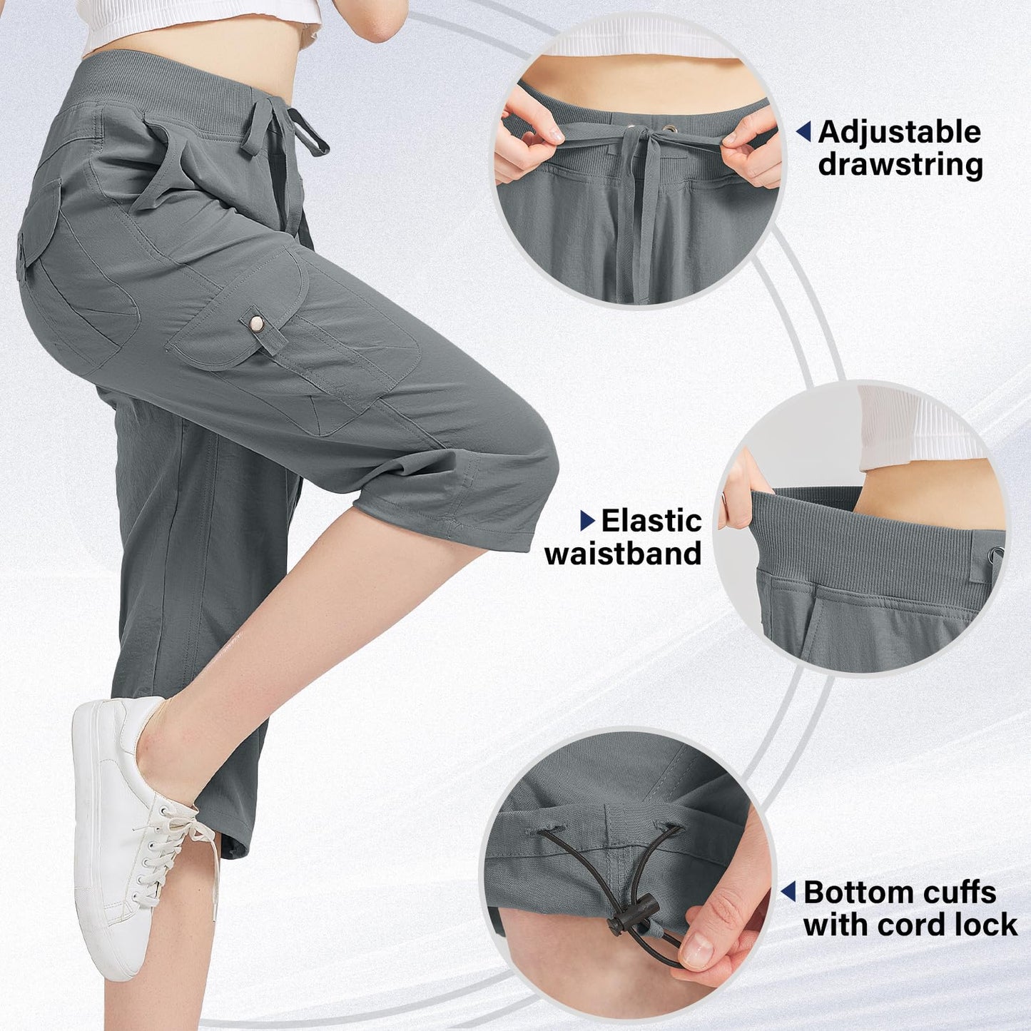 Women's Cargo Capris Hiking Pants with 6 Pockets Lightweight Quick Dry Outdoor Travel Casual Comfy Summer Pants(2032 Grey L)