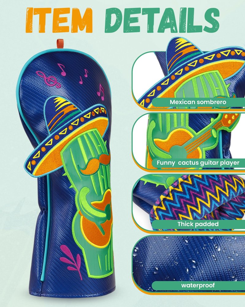 Big Teeth Mexican Style Driver Headcover, Funny Golf Club Head Cover Driver Headcover, Funny Cactus Guitar Player, Golf Club Driver Covers Blue Color