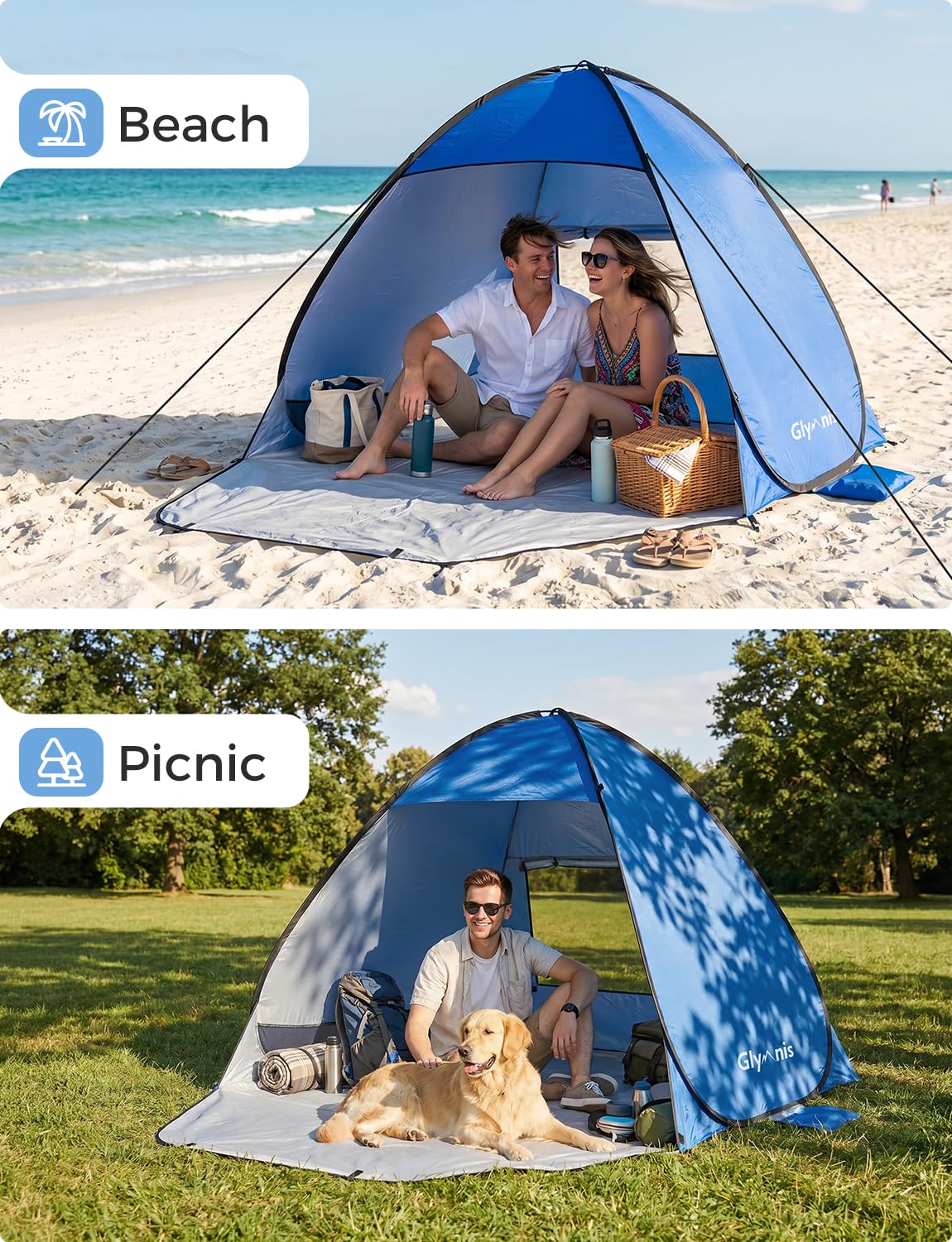 Glymnis Pop Up Beach Tent Instant Portable Sun Shade Shelter (S) 1-2 Persons UPF 50+ with Extendable Floor Zipper Door Automatic Easy Up Tent