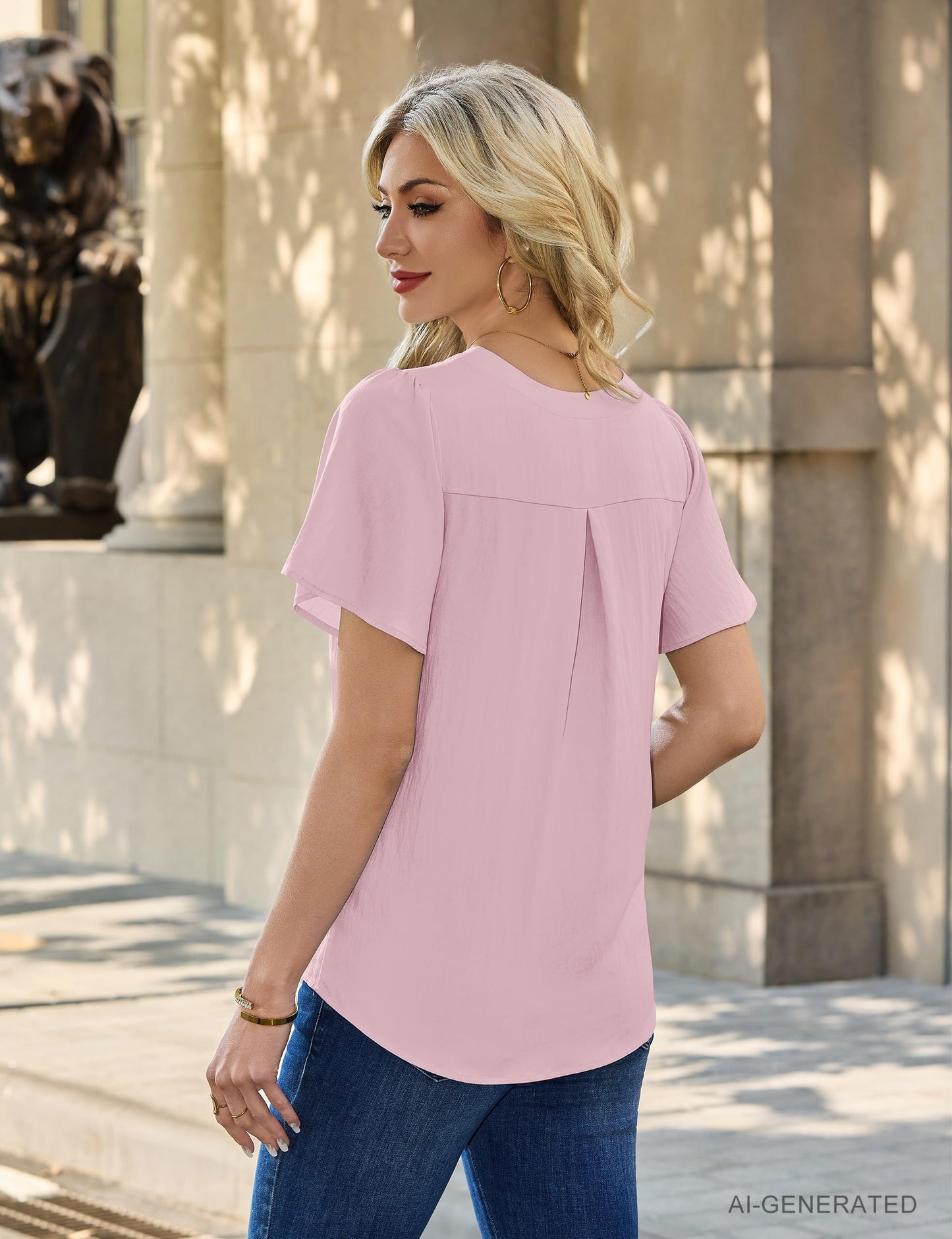 Blooming Jelly Womens Dressy Casual Blouses Business Work Summer Tops Zip Ruffle Short Sleeve Cotton Shirts Trendy Spring Outfits (Pink,Medium)