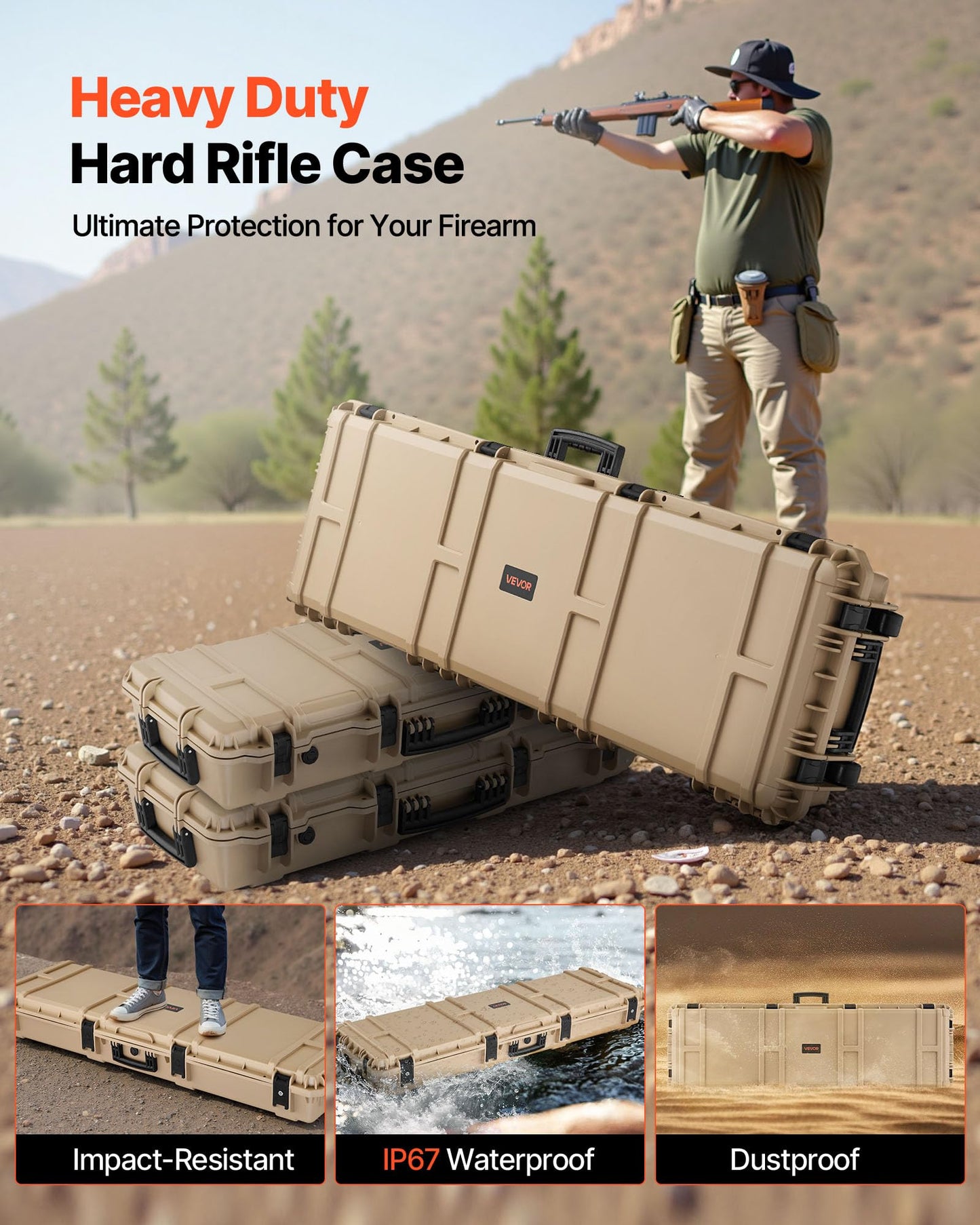 VEVOR Rifle Case, Rifle Hard Case with 4 Layers Fully-protective Foams, 52 inch Lockable Gun Storage with Wheels, IP67 Waterproof & Dustproof, for Rifle, Shotgun, Airsoft Gun, Khaki