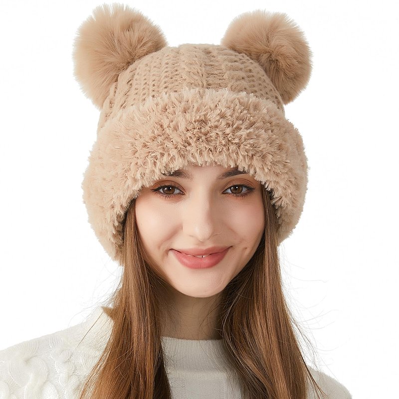 Peicees Knitted Beanie with Fur Pompom for Women Chunky Winter Beanie Hat Warm Fleece Lined Skull Cap Cute Khaki