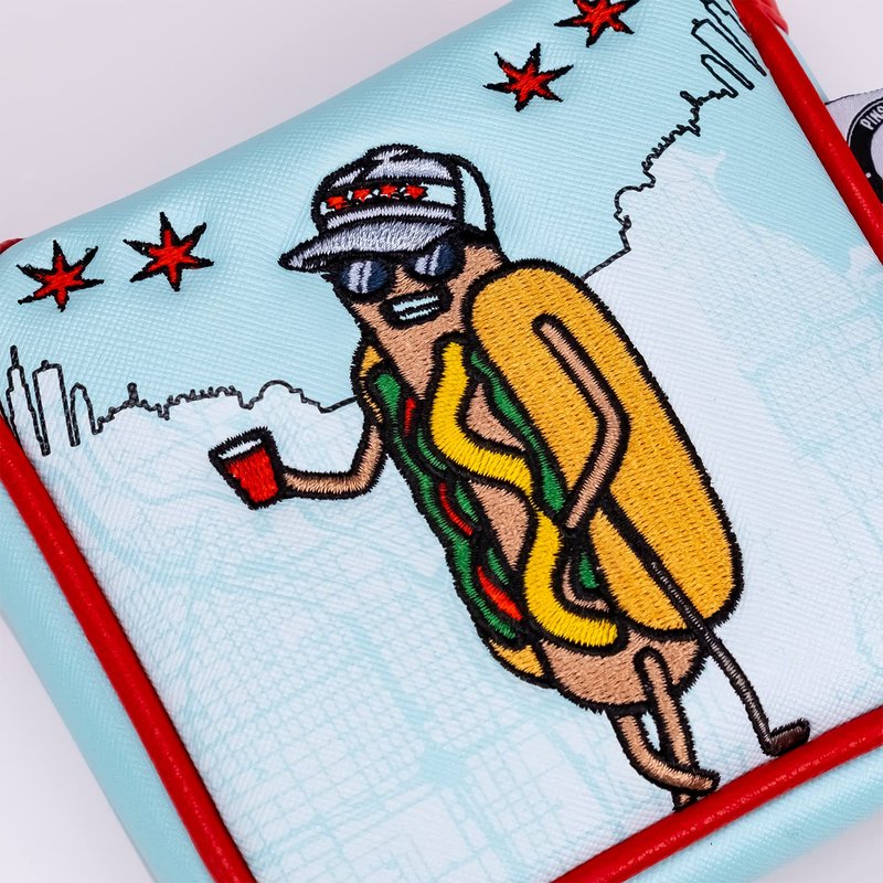 Pins & Aces Chicago Dog Putter Cover - Premium, Hand-Made Leather, Hi Quality Headcover - Chicago Dog Styled, Tour Quality Golf Club Cover - Style and Customize Your Golf Bag (Mallet)