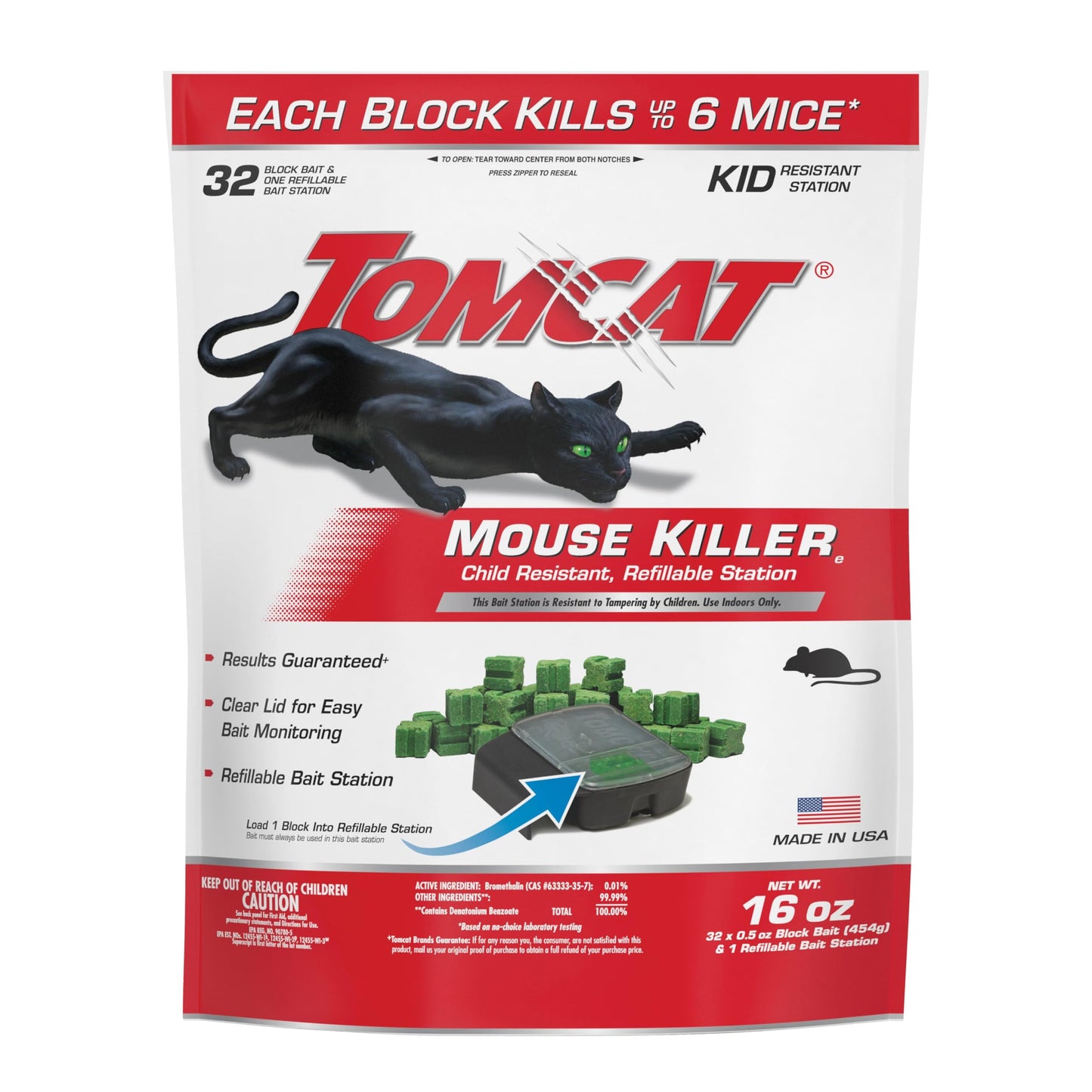 Tomcat Mouse Killer(e), Child Resistant, Refillable Station - Weather-Resistant Indoor/Outdoor Bait Station with Clear Monitoring Lid, 1 Station and 32 Bait Blocks