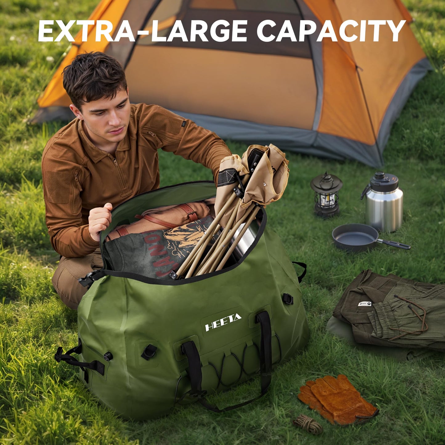 HEETA Waterproof Duffel Bag Motorcycle Dry Bag Backpack, Extra Large Rolltop Travel Duffle Bags with Straps & Handles for Kayaking Rafting Boating Canoeing Camping Gym Beach (Green, 60L)