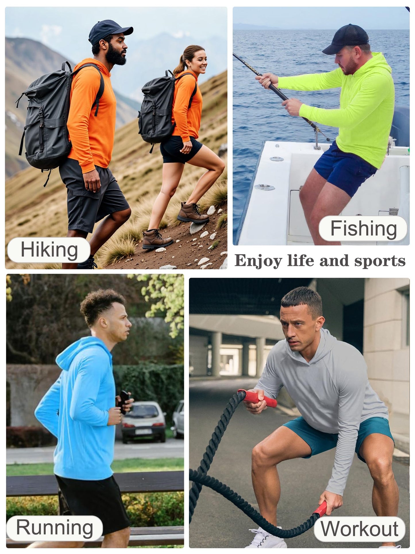 PLUMZJOY Men's UPF 50+ Sun Protection Long Sleeve Hoodie Shirt Outdoor UV Fishing Shirts for Workout, Running, Fishing, Hiking Light Grey L