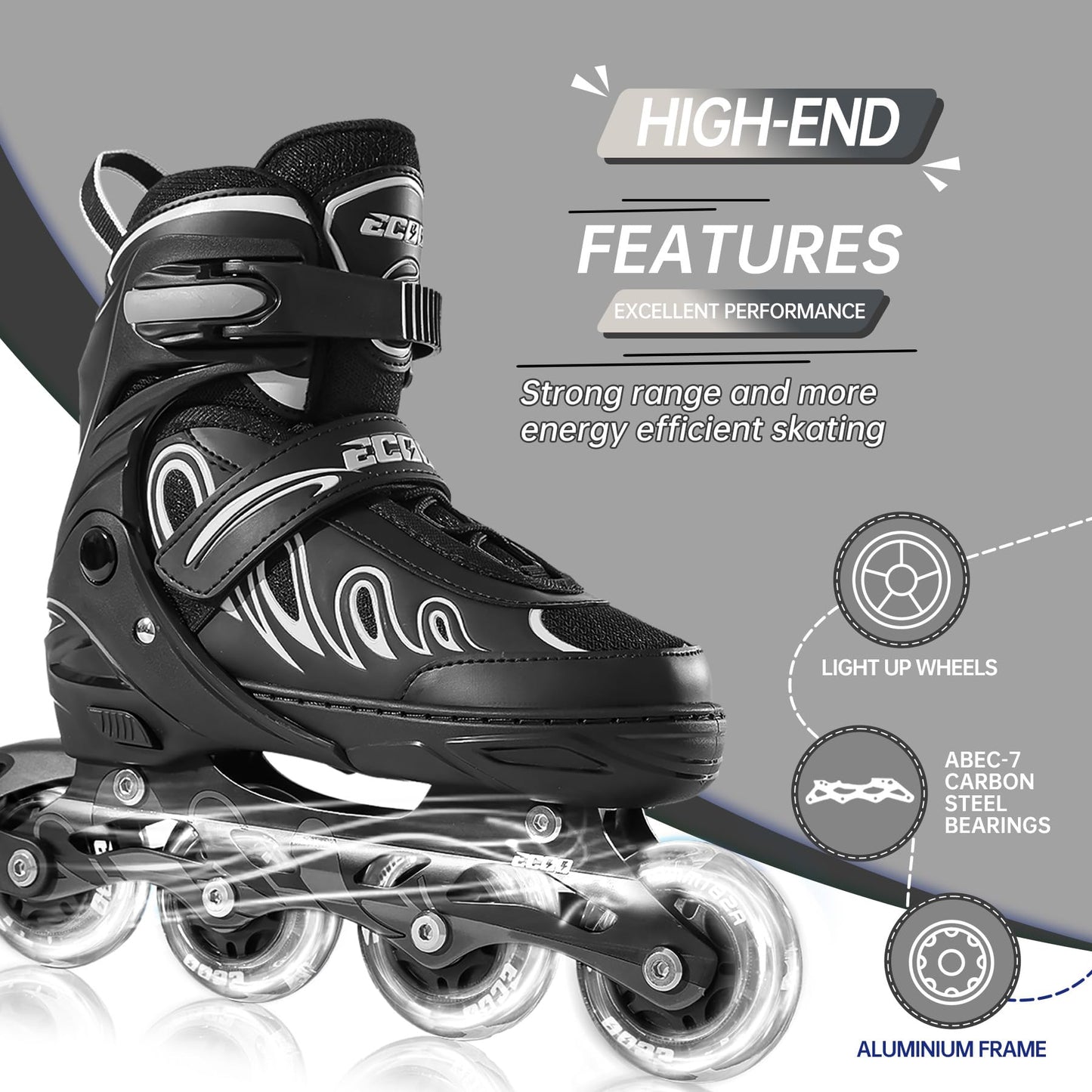 ECOO Inline Skates for Girls and Boys Ages 5-8 8-12 Light up Wheels, Adjustable Size Roller Skates Blades Kids Adult Women Outdoor