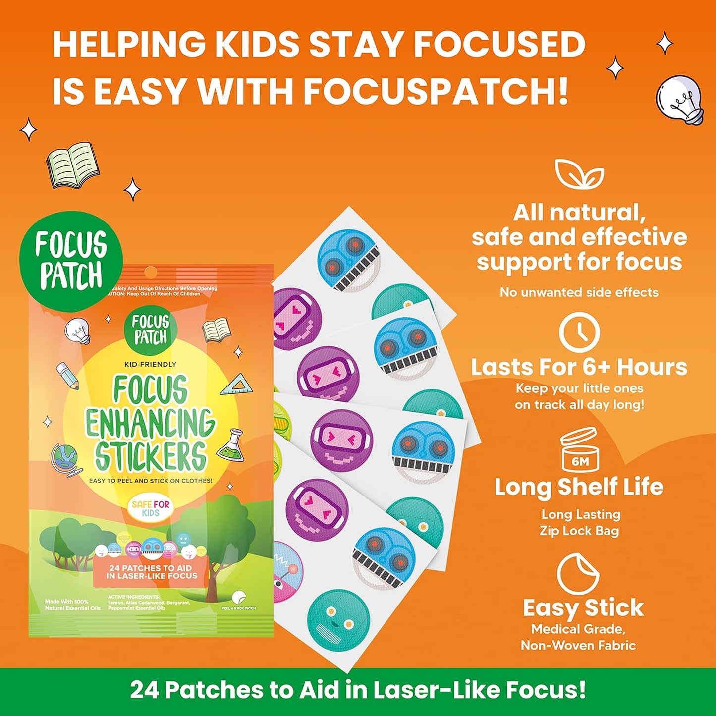 Focus Enhancing Stickers for Kids & Adults - Natural Brain Support Patches | 24 Count