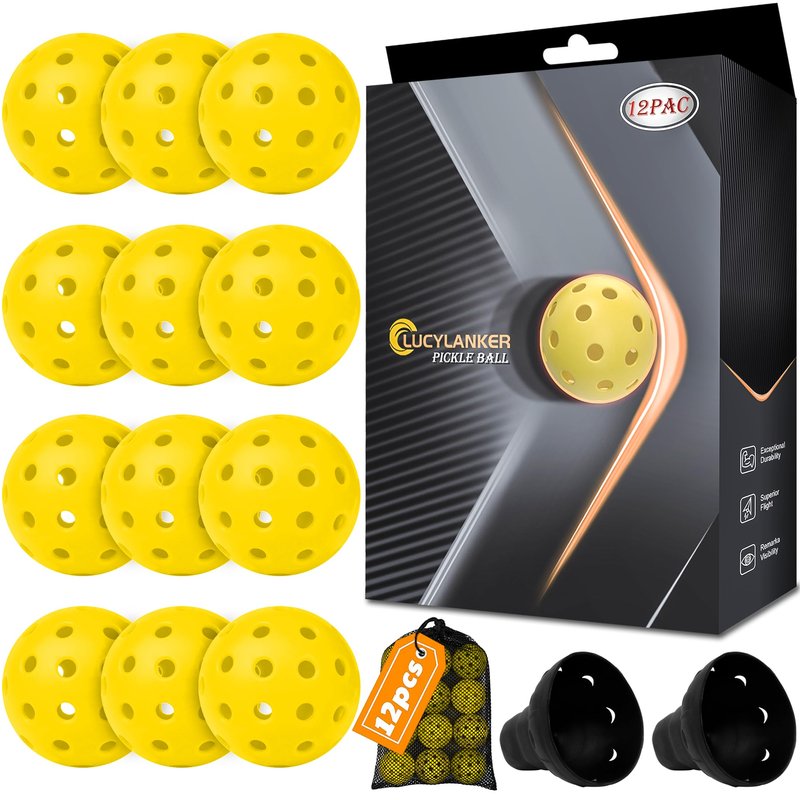 LUCYLANKER Outdoor Pickleball Balls for All Style Paddle & Court, 40 Holes with Mesh Bag & 2 Ball Retrievers, Durable High Visibility USAPA Approved Premium Practice Flight Resistant (Yellow, 12 Pack)