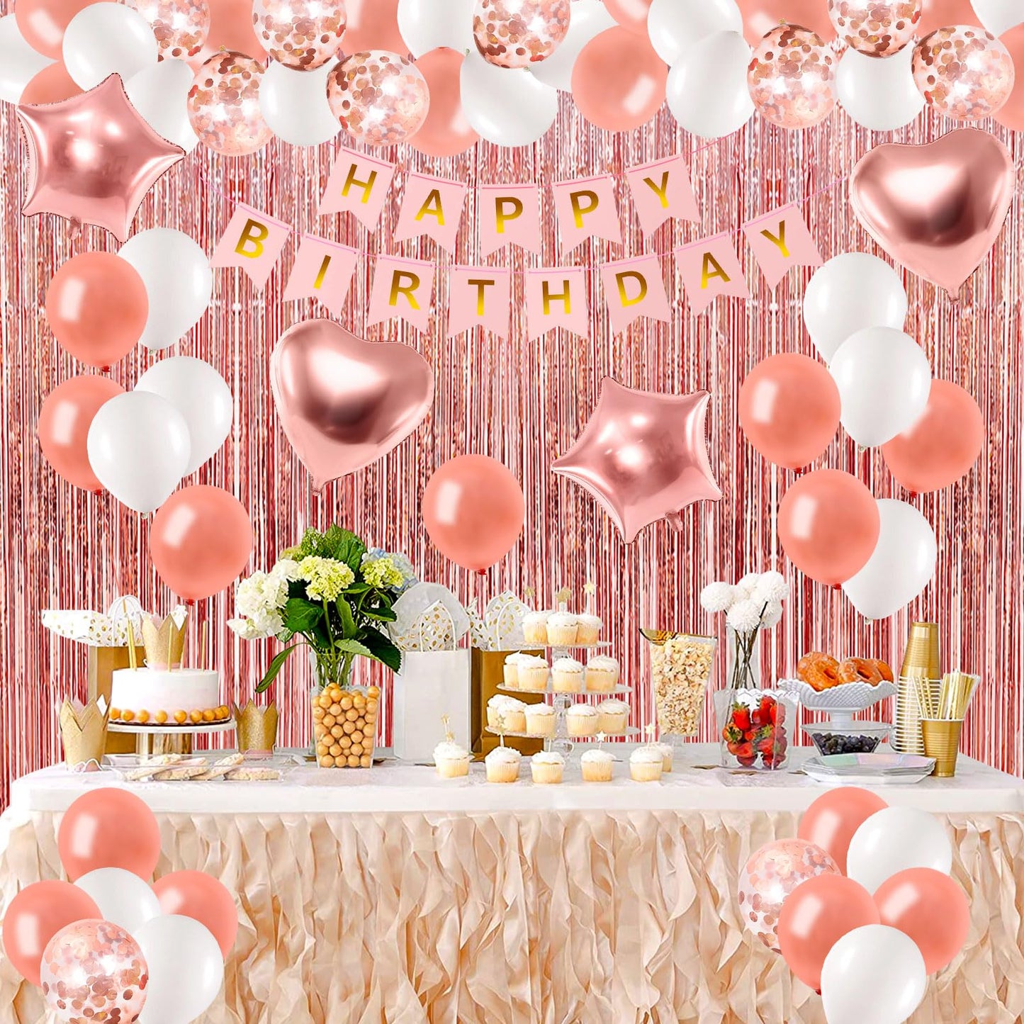 Rose Gold Birthday Decorations With Electric Balloon Pump, Happy Birthday Decorations for Women Girls, Birthday Party Decorations Kit Balloon Garland Kit Decoracion de Cumpleaños Para Mujer