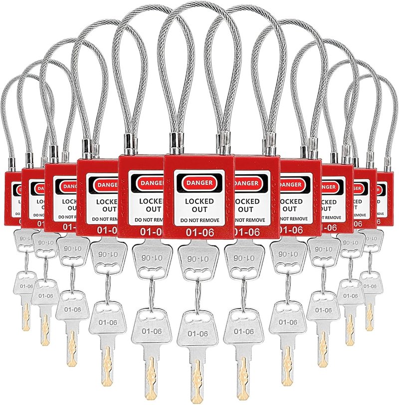 Noamus Lockout Tagout Padlock Set - 10 Steel Cable Safety Locks with 20 Keys | Red Keyed for Electrical Devices