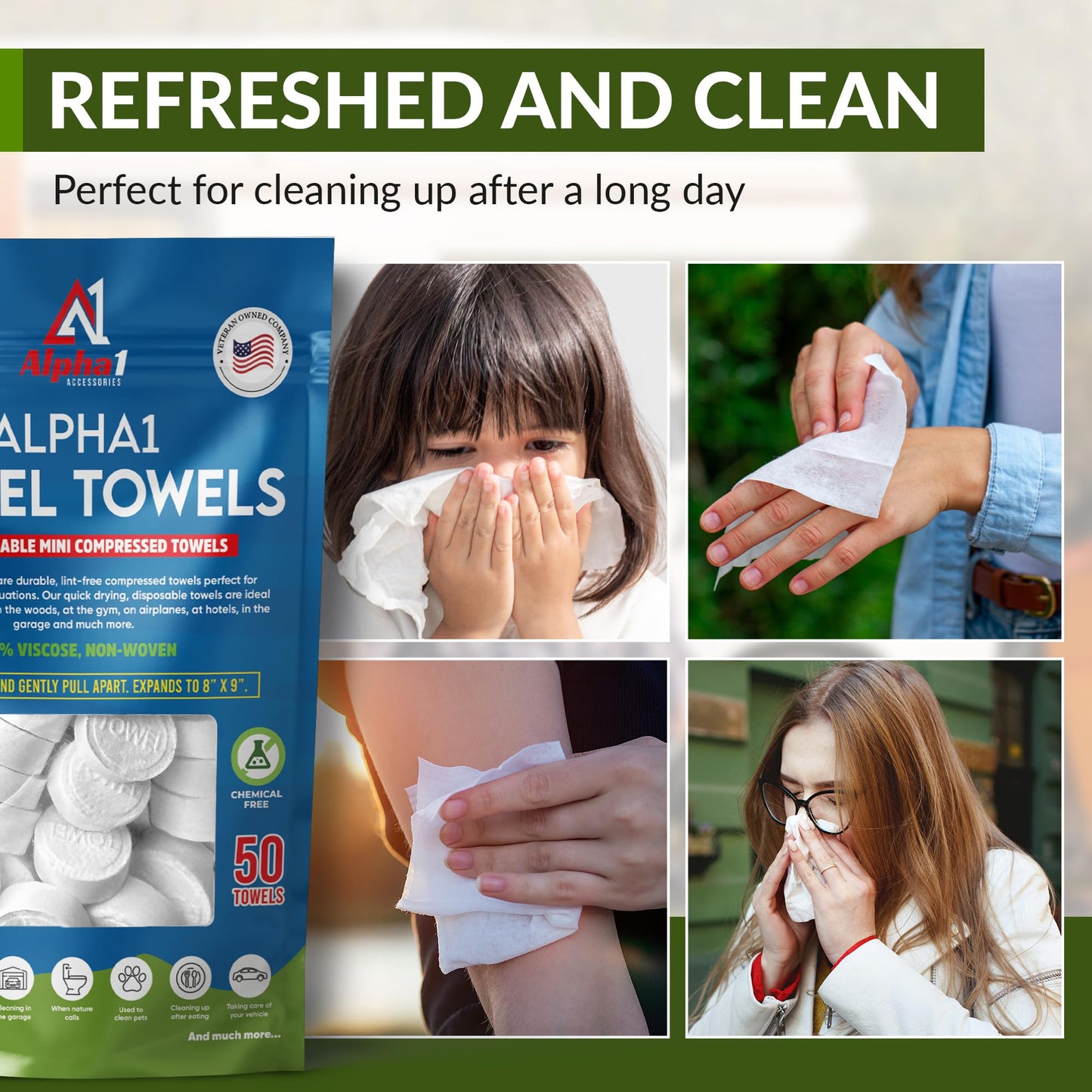 Compressed Towel Tablets - 50 Pack of Compressed Coin Towels 8" x 9" - Disposable Face Towel Wipes - Perfect for Camping, Traveling & Hiking