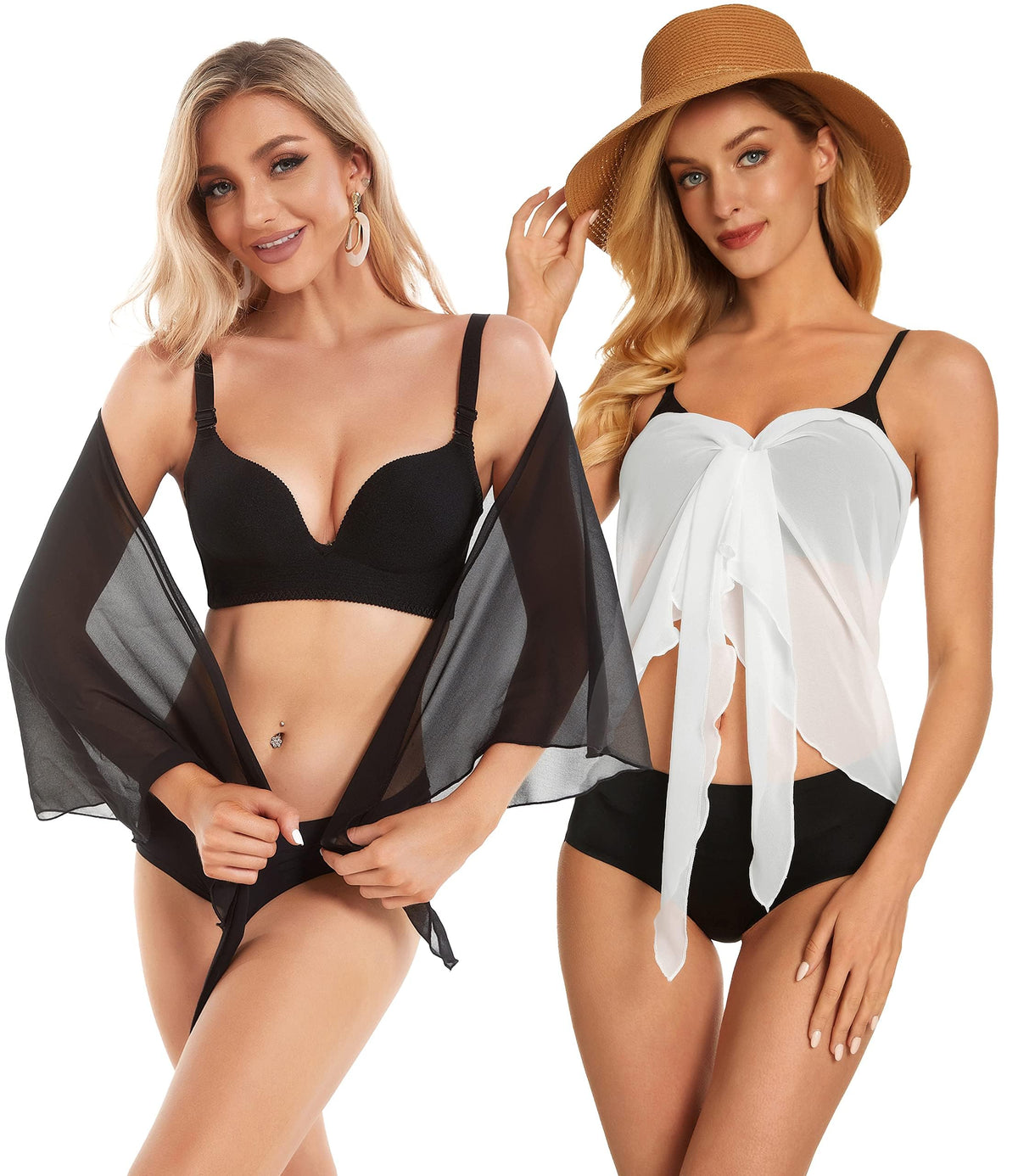 2 Pieces Sarong Cover Ups for Women Beach Bathing Suit Wrap Sheer Short Skirt Bikini Chiffon Scarf for Swimwear (Black,Leopard