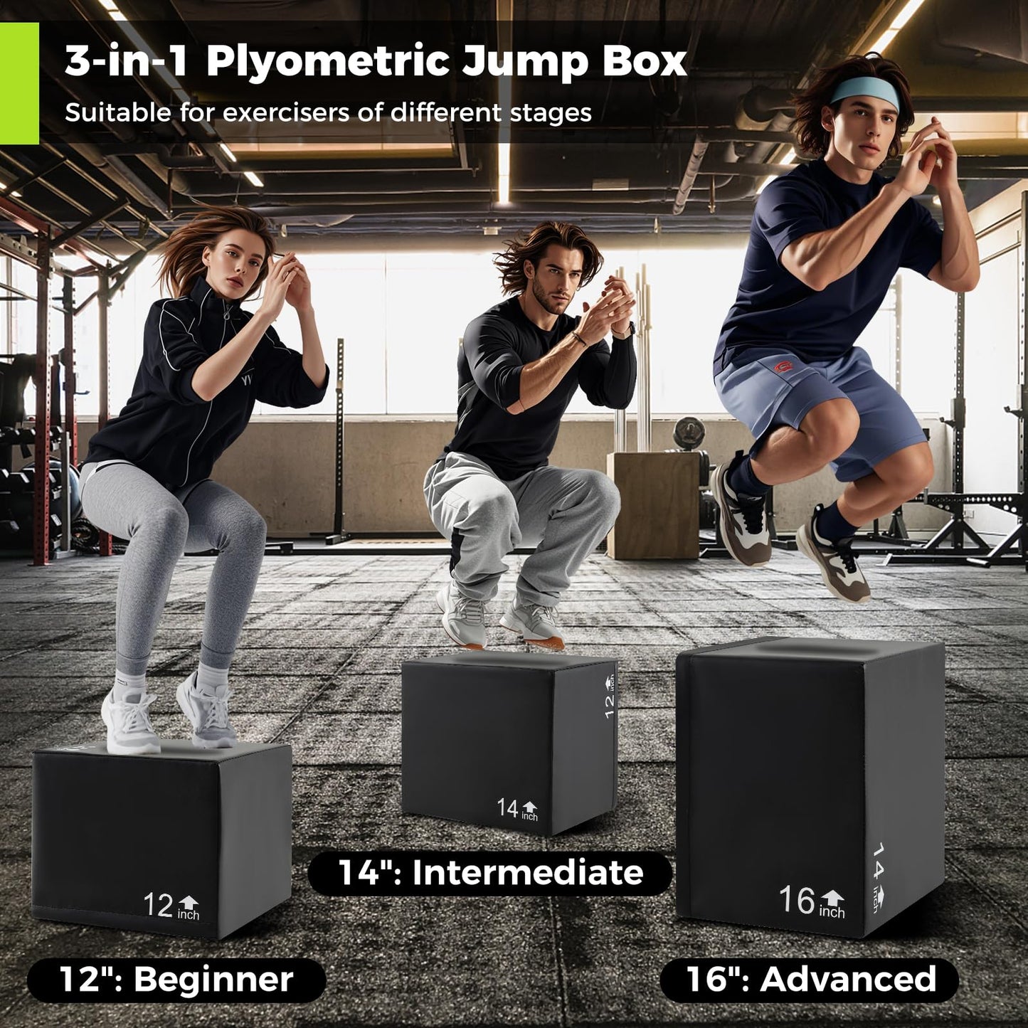 GYMAX Plyometric Jump Box, 3 in 1 Plyo Jumping Training Box with Non-Slip & Easy-to-Clean PU Cover, Heavy Foam Exercise Trainer for Home Gym, Multiple Options (16 x 14 x 12 inch)