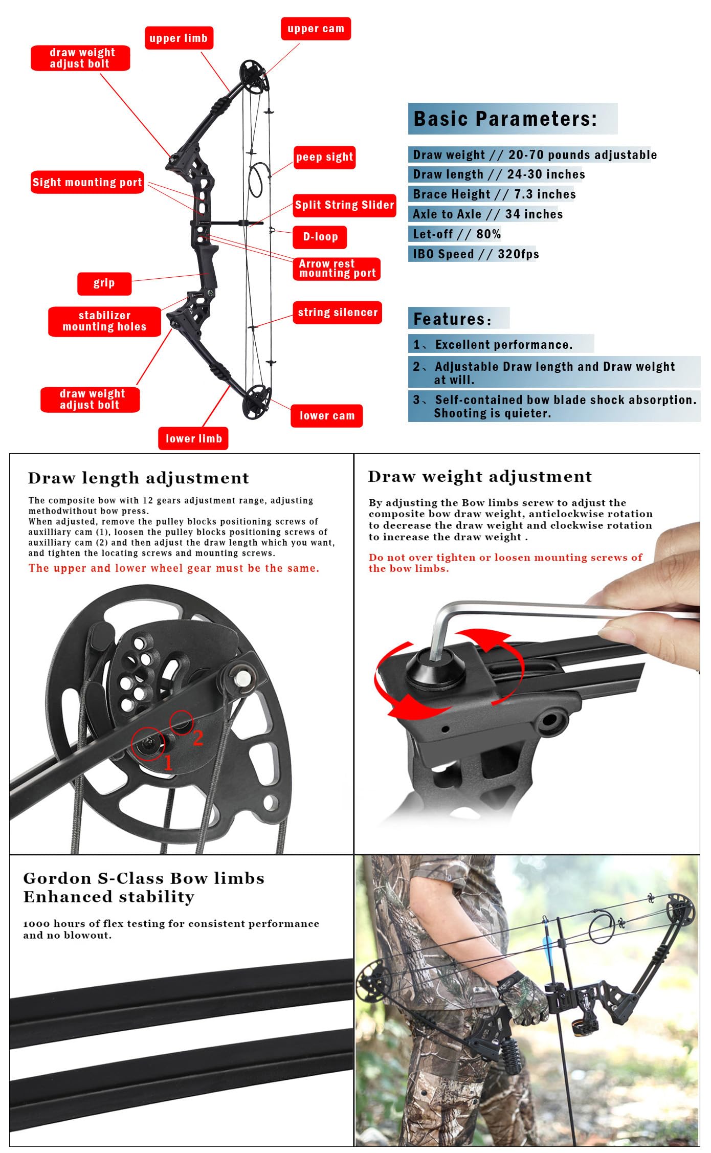 surwolf Compound Bow Kit,Hunting&Target,Limb Made in USA,Draw Weight 20-70lbs Adjustable,Draw Length 24-30", Right/Left Handed for Adult/Beginner Hunting&Targeting