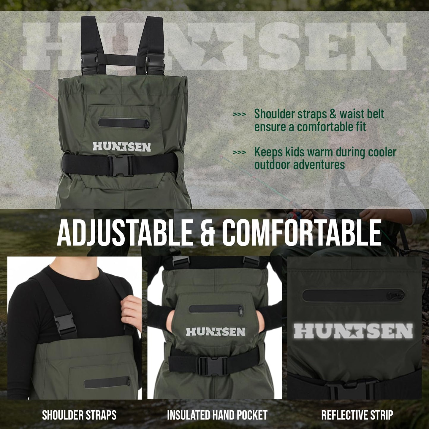 HUNTSEN Chest Waders for Kids with Boots - 2-Ply Nylon Waterproof Insulated Neoprene with Reflect Safety Band - Youth Fishing Waders with Boot Hanger for Toddler Children Hunting Waders for Boys Girls